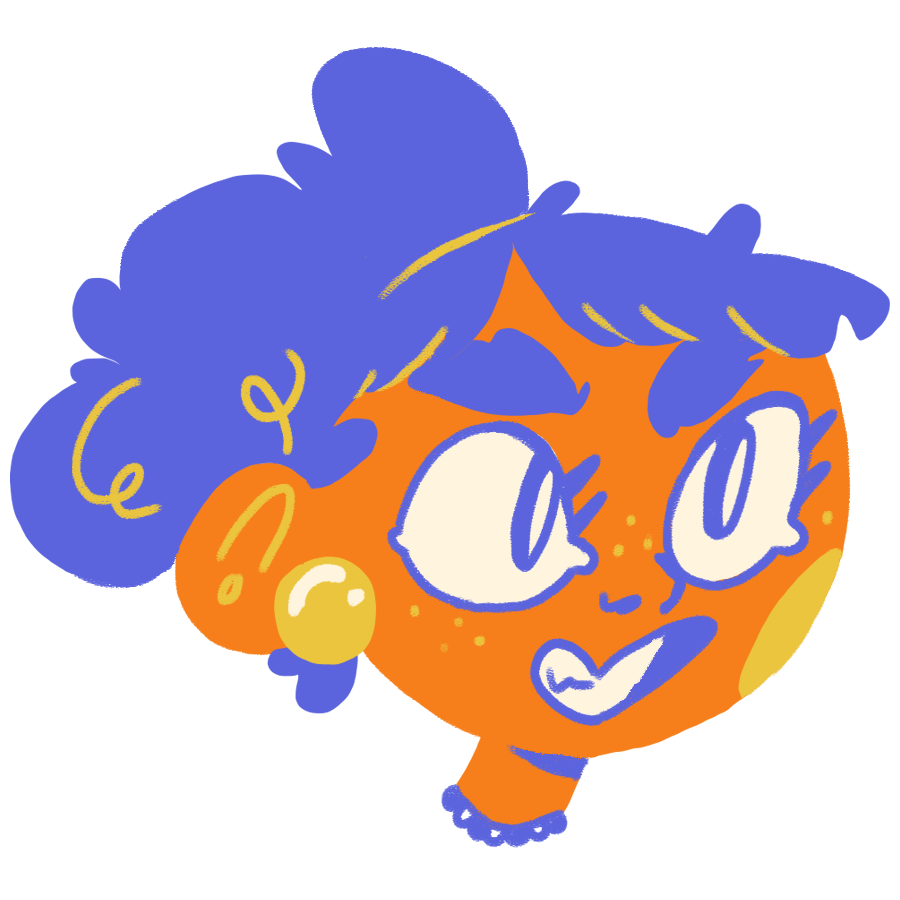 Illustration of a person's smiling face with curly hair, rosy cheeks, and closed eyes.