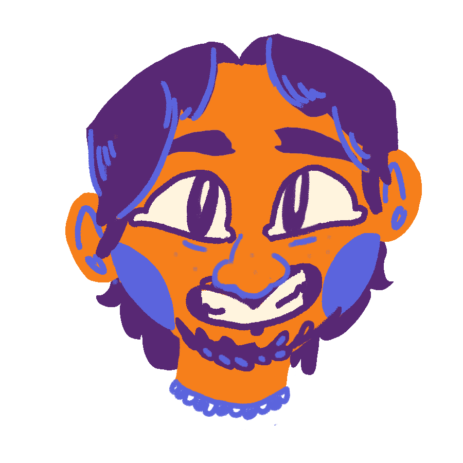 A cartoon illustration of a person with a green face, closed eyes, smiling with a tongue sticking out, holding a phone to their ear, with curly hair and orange blush on cheeks.