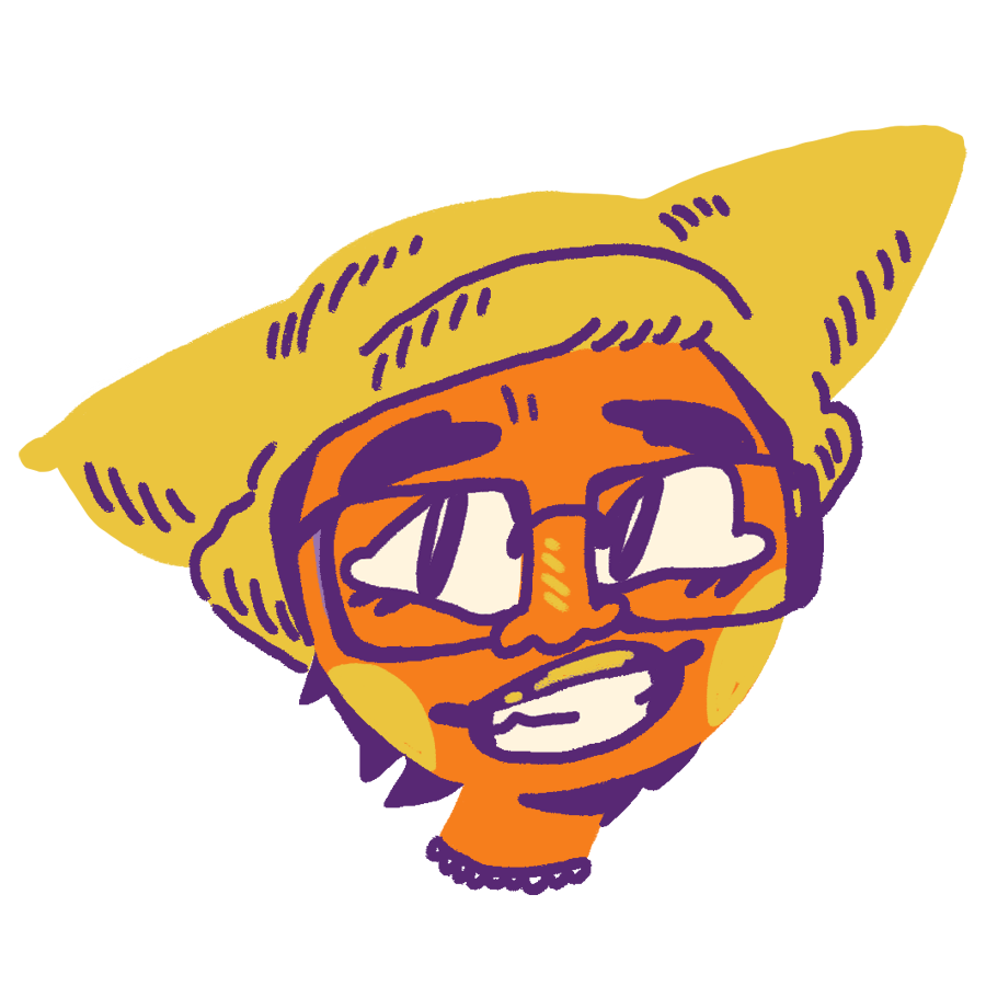 Cartoon illustration of a smiling girl with closed eyes, pink cheeks, and earrings, with purple and black hair styled in a bun.