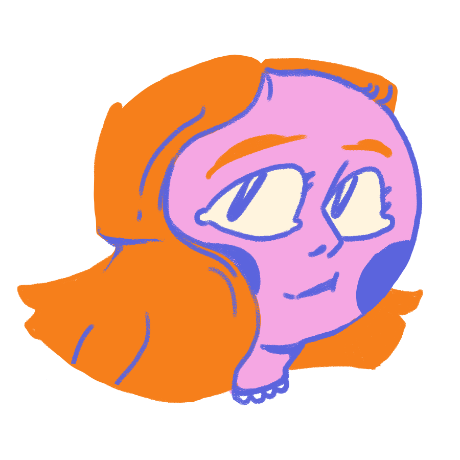 A digital drawing of a smiling emoji with purple skin, closed eyes, yellow cheeks, green hair with yellow accessories, and a purple earring.