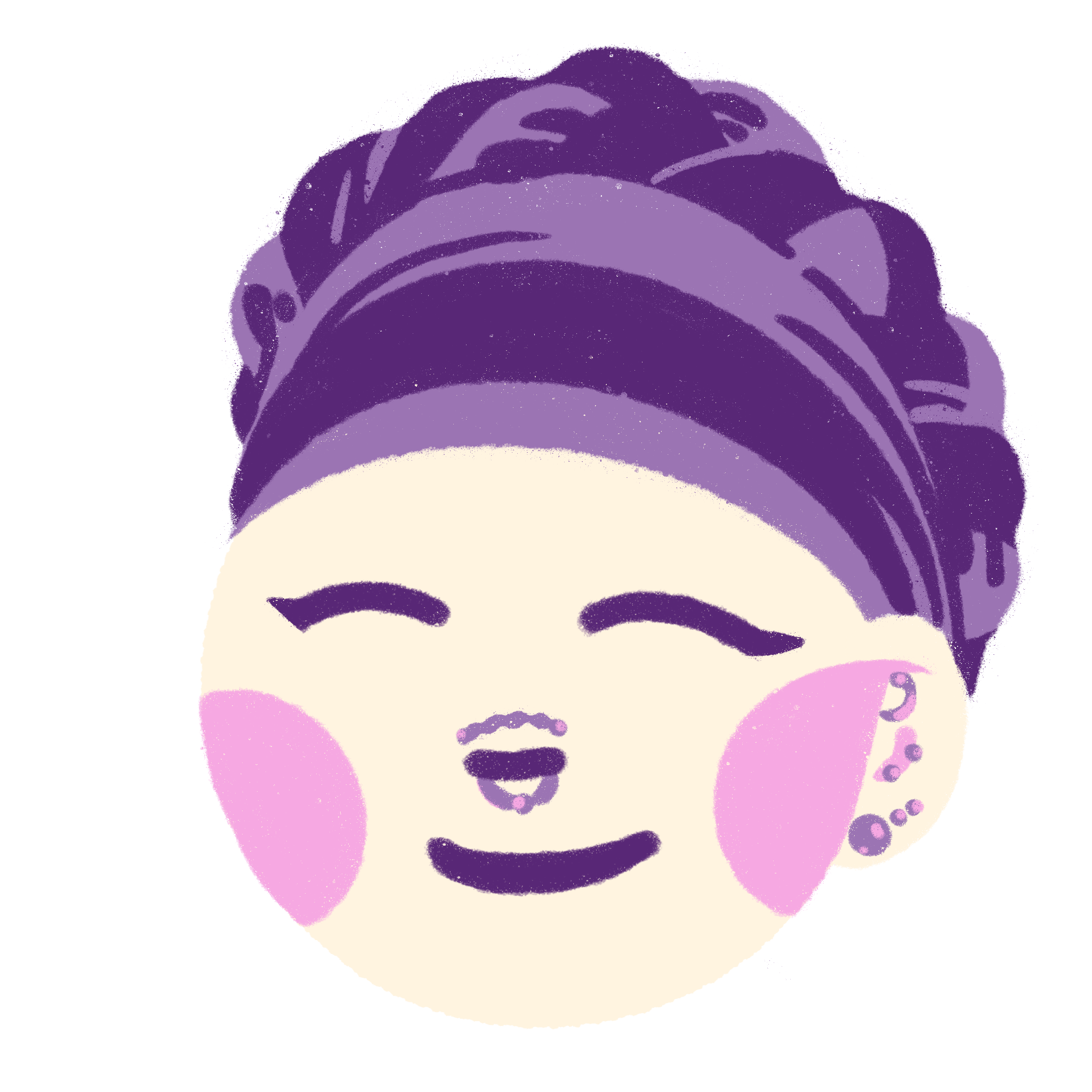 Cartoon illustration of a smiling girl with closed eyes, pink cheeks, and earrings, with purple and black hair styled in a bun.