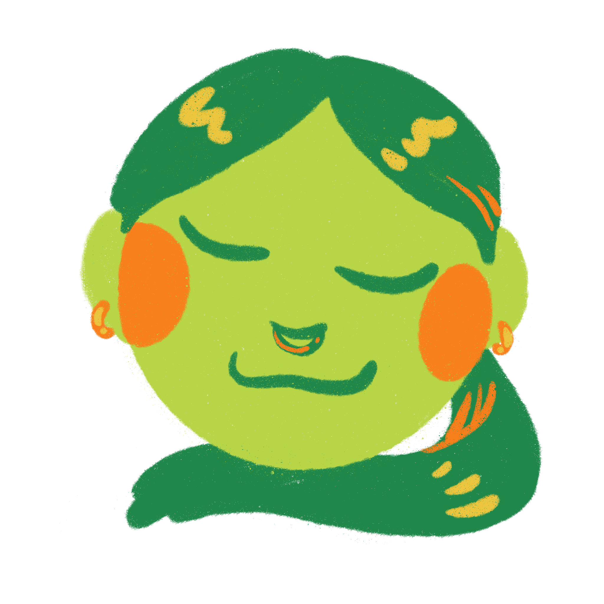 Cute cartoon character with green skin, closed eyes, orange cheeks, and dark hair, smiling gently.