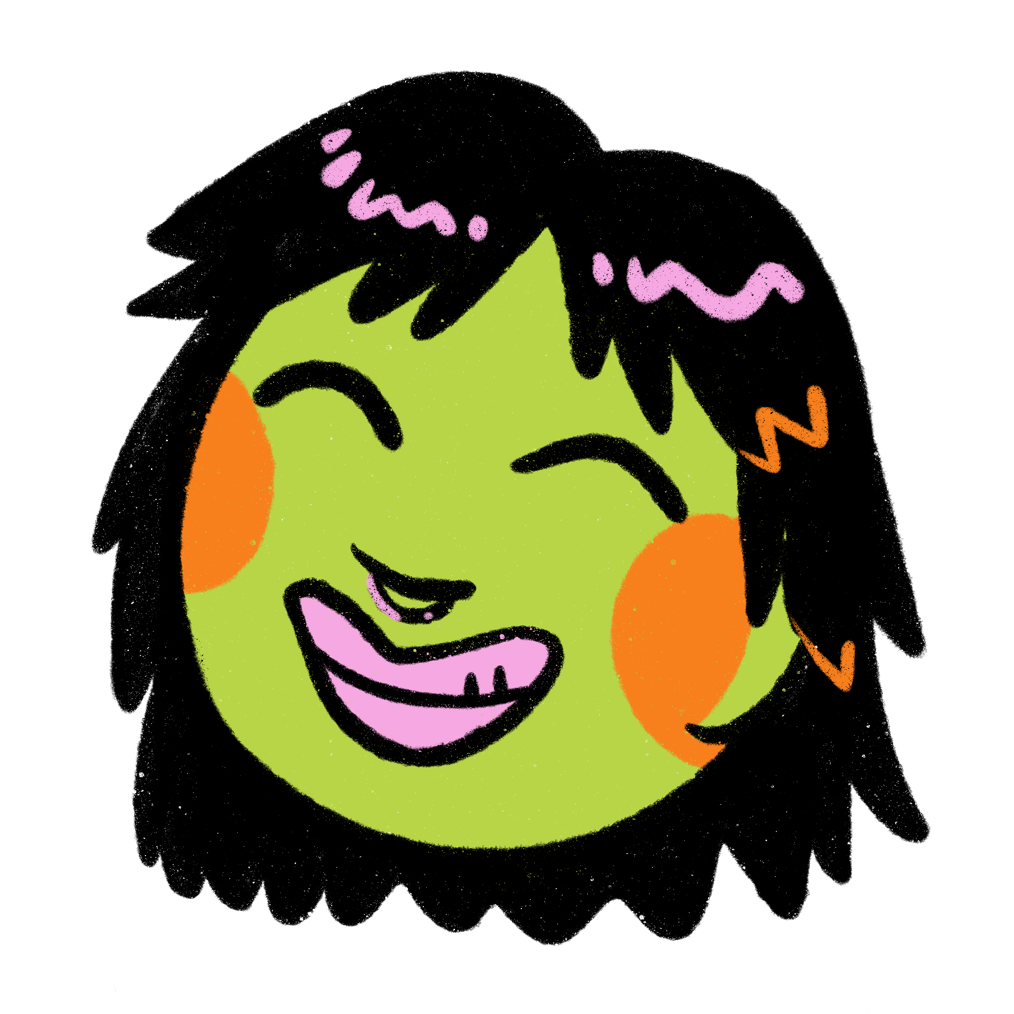 Cartoon illustration of a laughing, green, round-faced character with orange cheek patches and short spiky black hair, with closed eyes and open mouth showing teeth.
