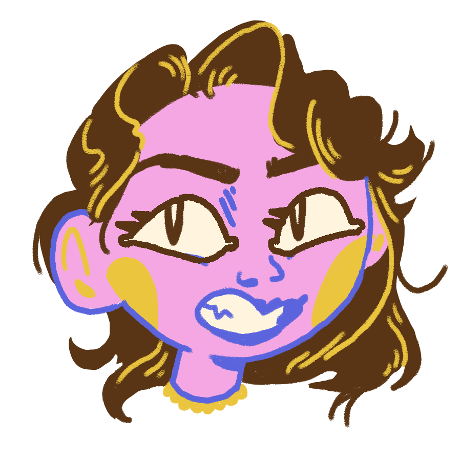 A colorful, cartoon-style drawing of a smiling person's face with pink skin, brown curly hair, yellow cheeks, and blue and yellow squiggly accents.
