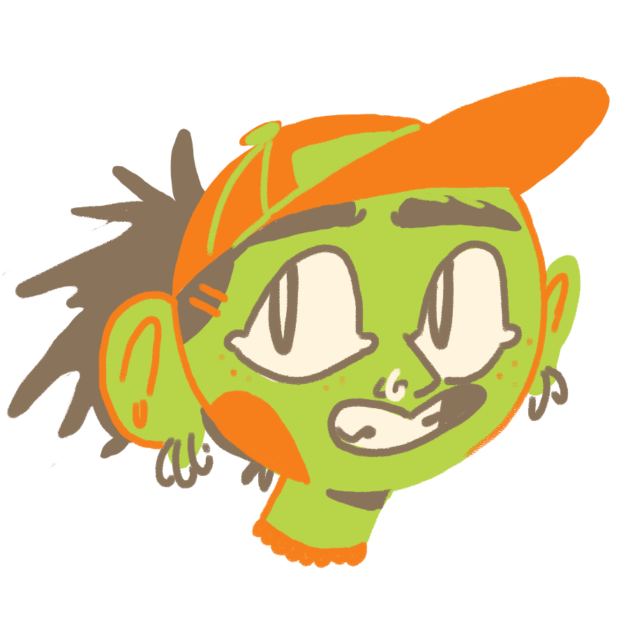 Cartoon illustration of a laughing, green, round-faced character with orange cheek patches and short spiky black hair, with closed eyes and open mouth showing teeth.