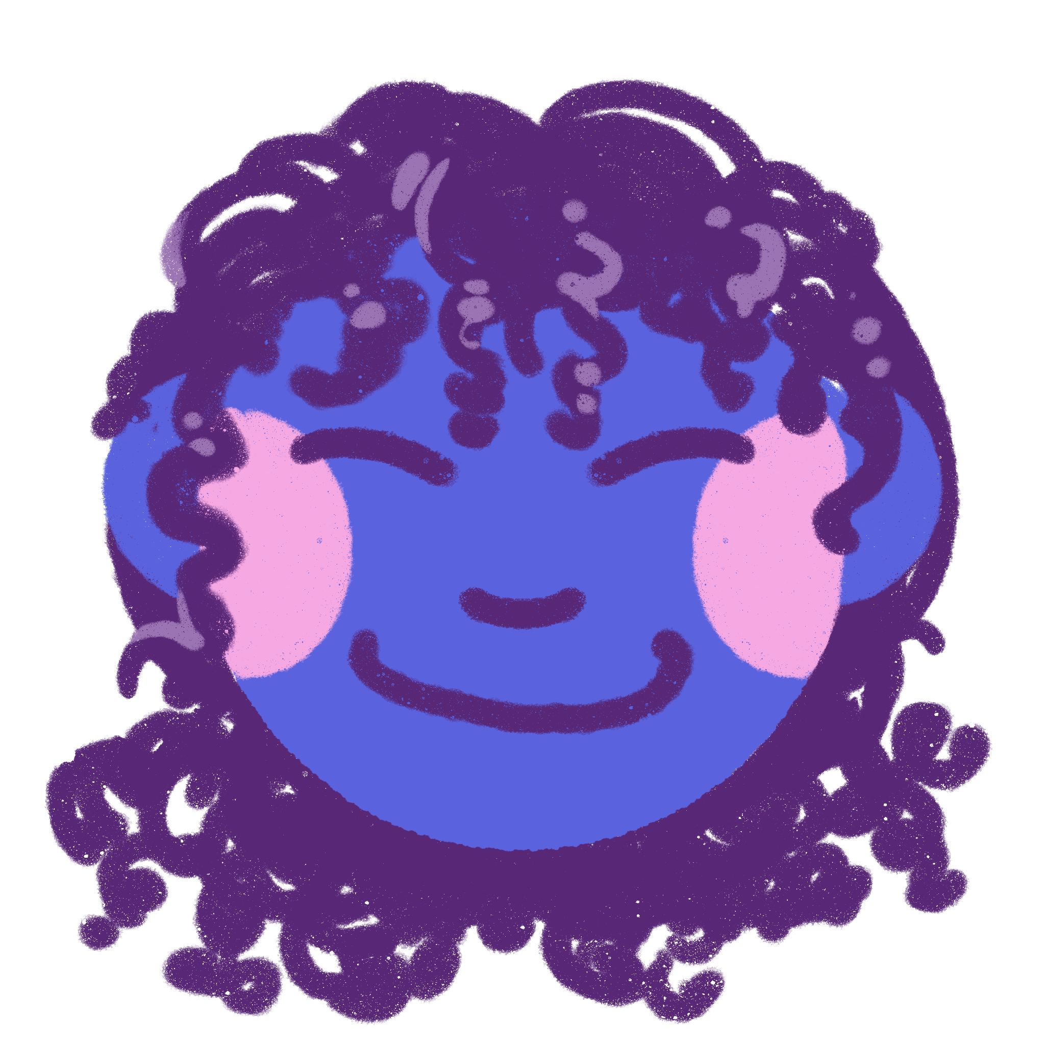 A digital illustration of a smiling face with closed eyes, purple curly hair, and pink cheeks, on a black background.