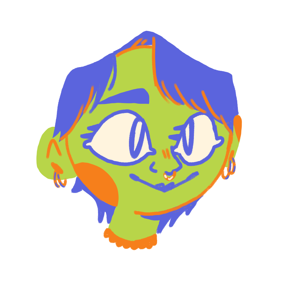 Cute cartoon character with green skin, closed eyes, orange cheeks, and dark hair, smiling gently.