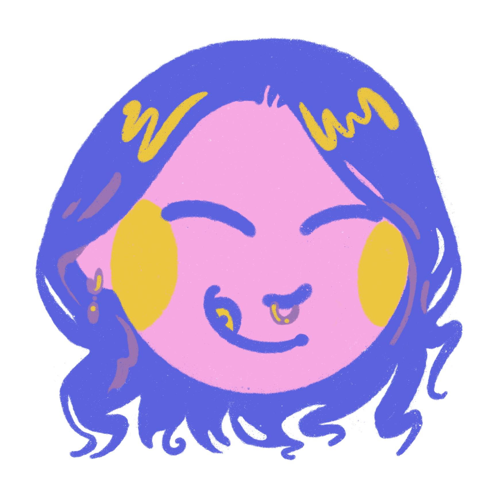 A cartoon illustration of a smiling girl with long, wavy blue hair, pink skin, closed eyes, yellow cheeks, and wearing yellow earrings.