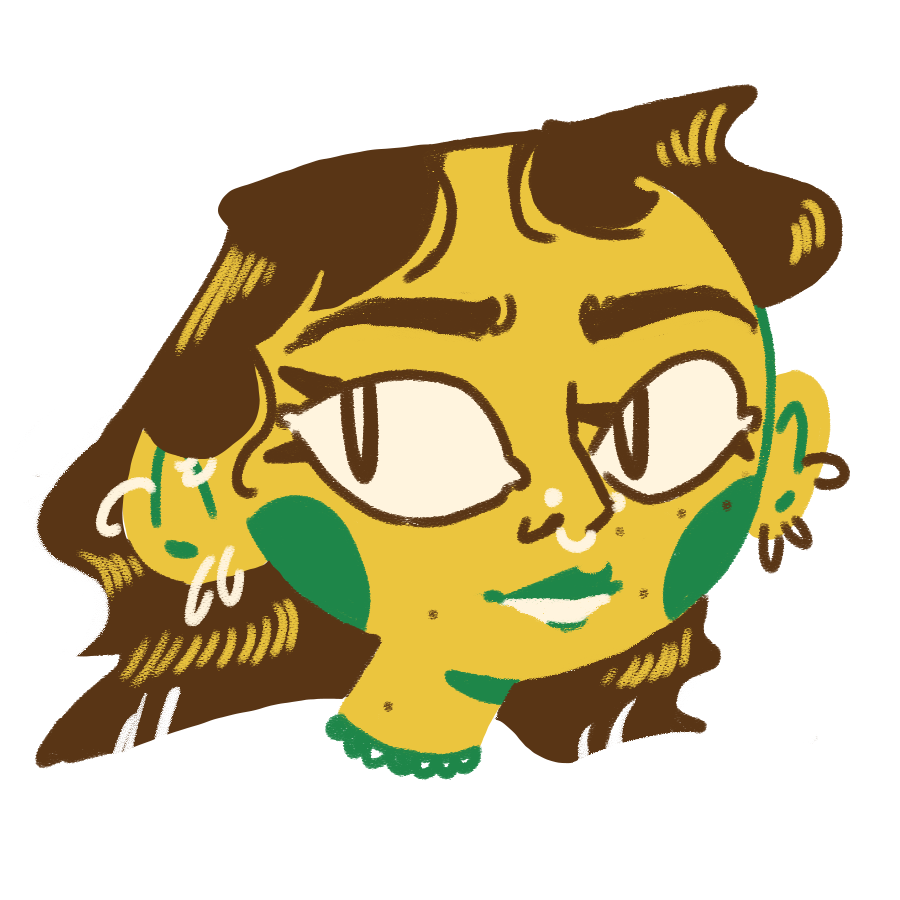 A cartoon illustration of a smiling girl with long, wavy blue hair, pink skin, closed eyes, yellow cheeks, and wearing yellow earrings.