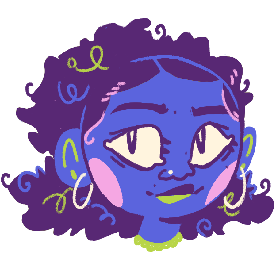 A digital illustration of a smiling face with closed eyes, purple curly hair, and pink cheeks, on a black background.