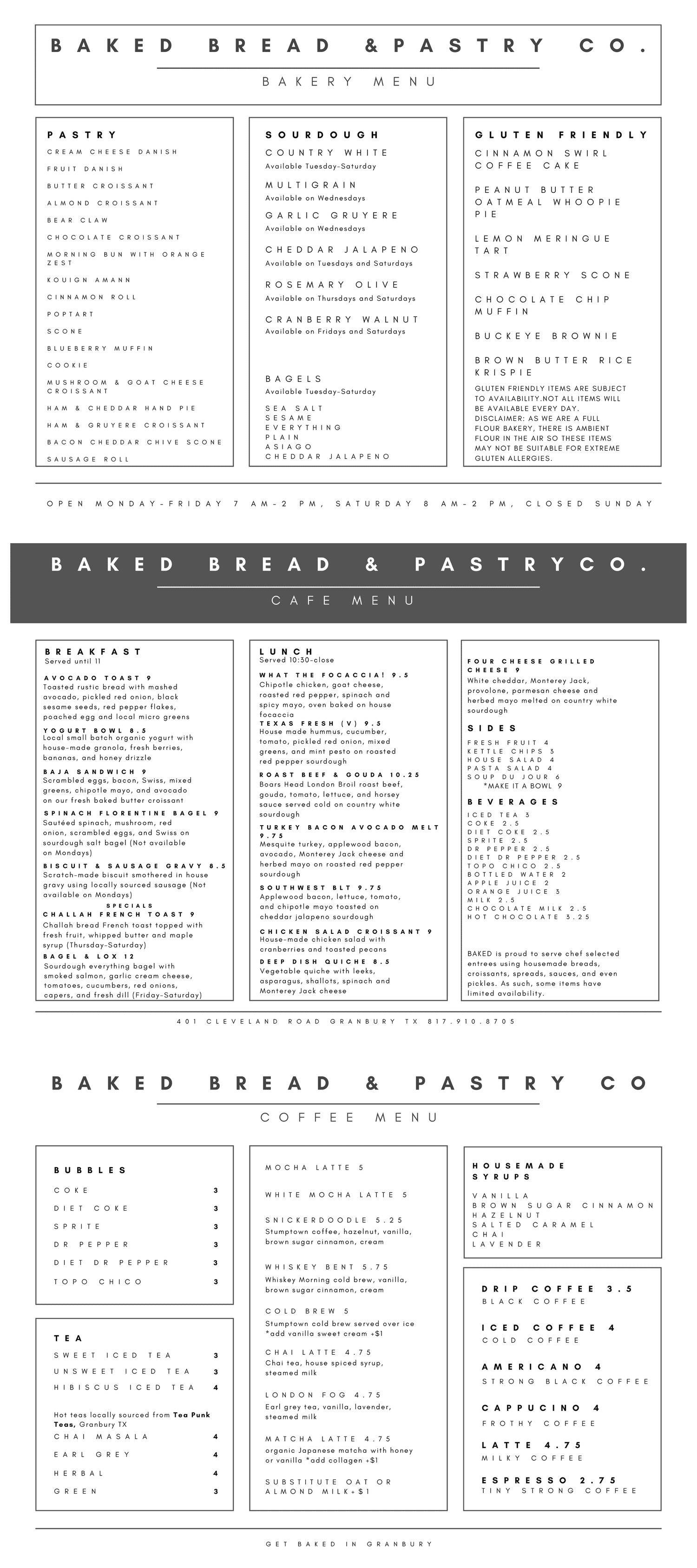 Menu — Baked Bread & Pastry Co. Granbury, TX