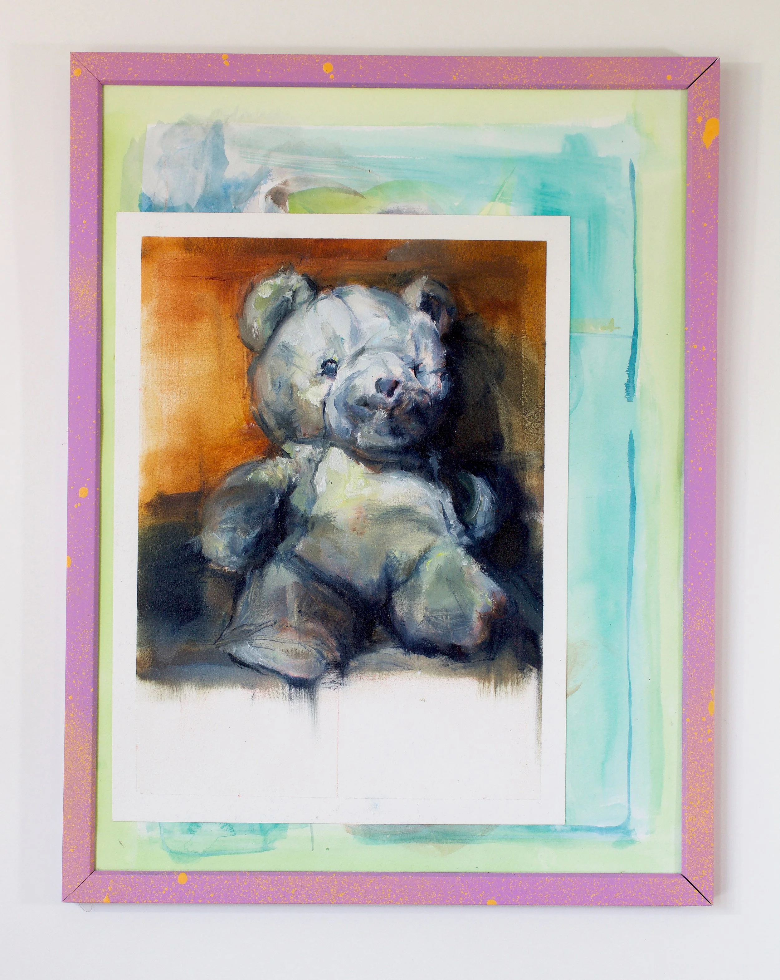 "Attic bear"
oil paint/watercolor/spraypaint
13"x17"
2024