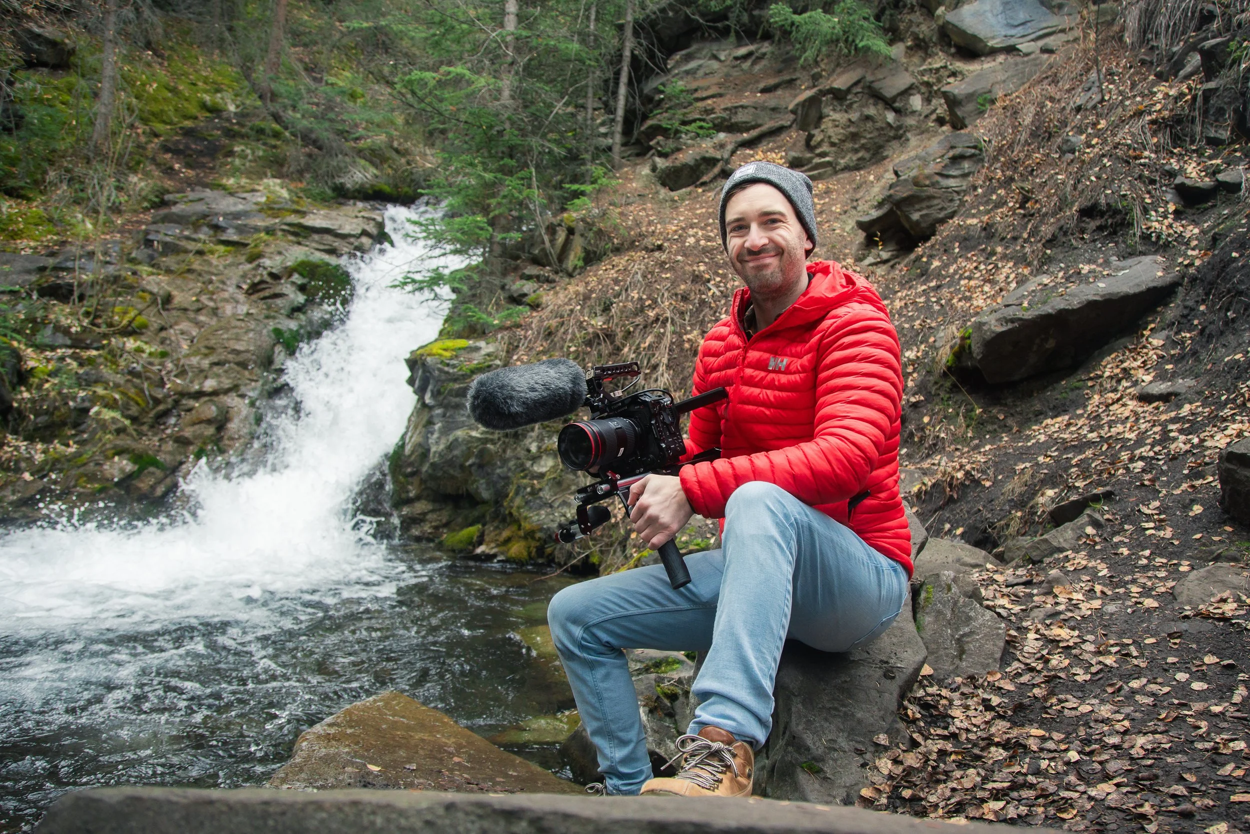 myles ready to film in the Canmore forest