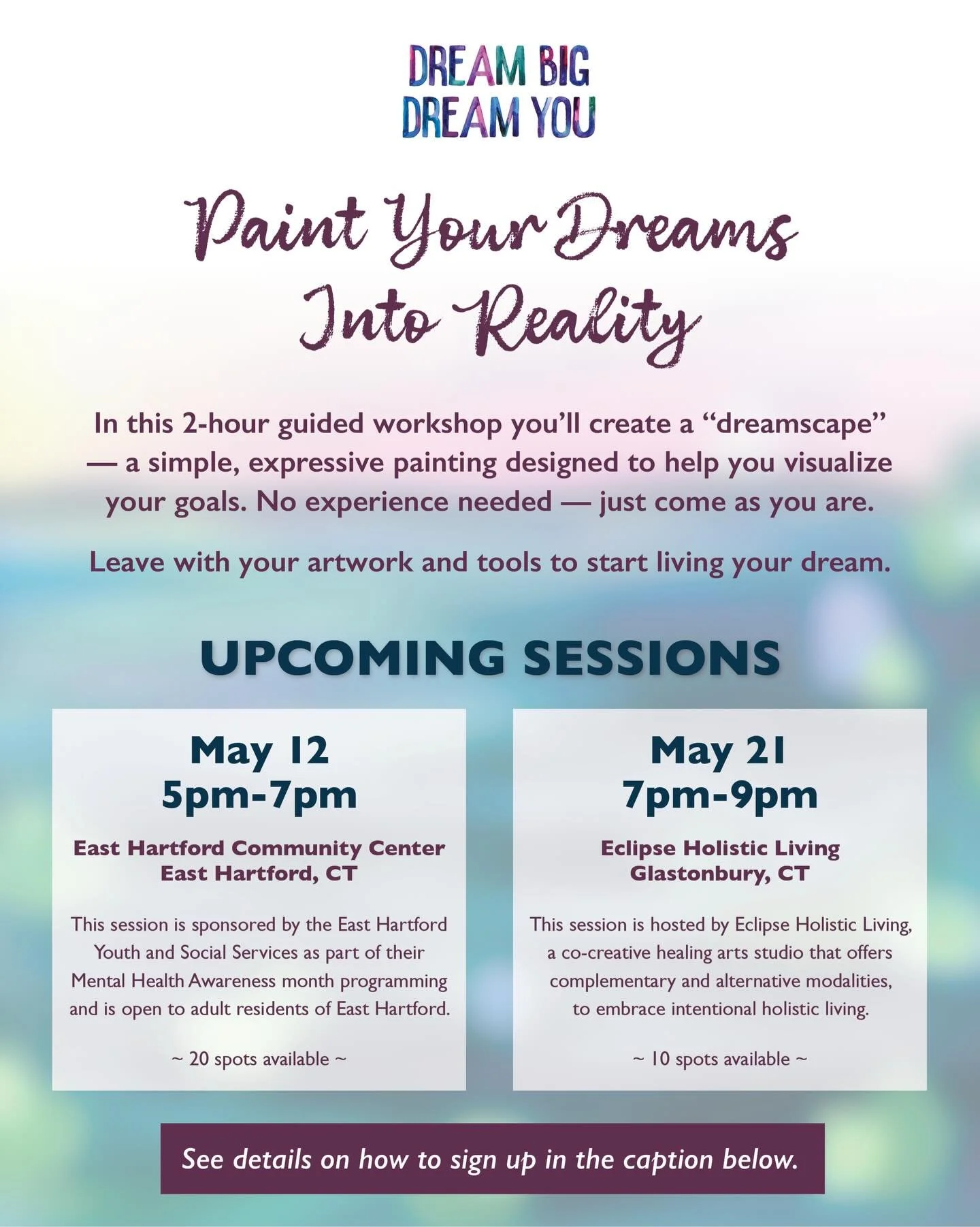 Excited to share two upcoming sessions for Paint Your Dreams Into Reality this May!! 🎨✨

In this 2-hour workshop, you&rsquo;ll create a &ldquo;dreamscape&rdquo; while moving through prompts inspired by my Dream Big, Dream You workbook&mdash;designed