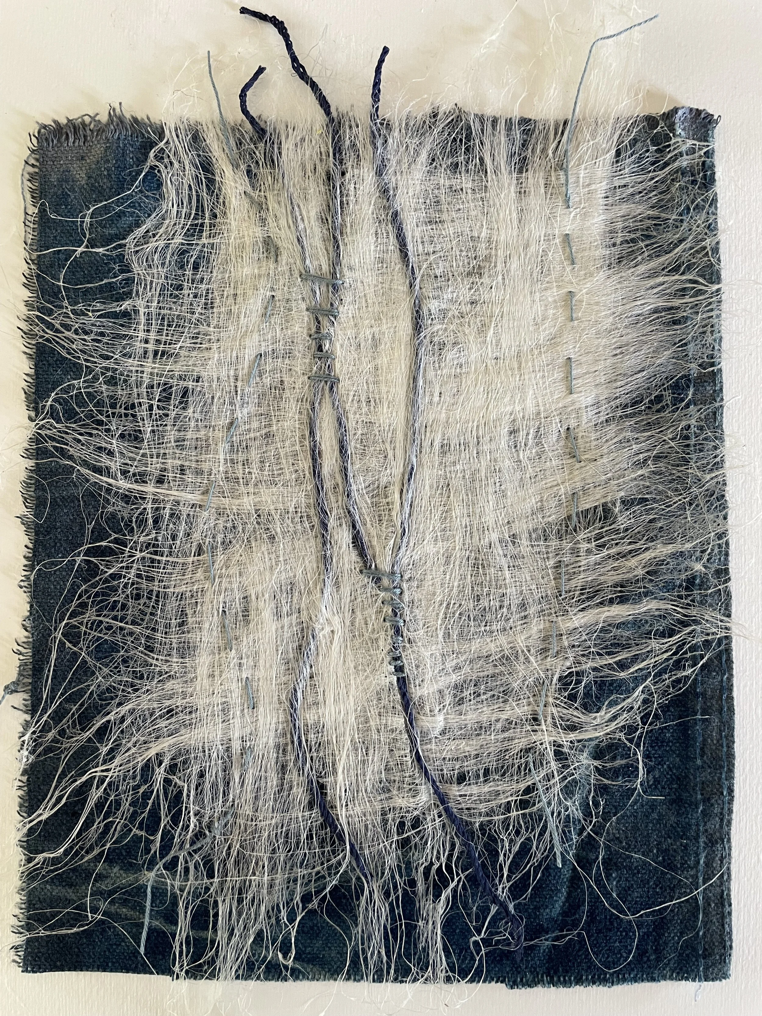 UNTITLED Flax Roving, thread on indigo dyed canvas 9”W x 12”H