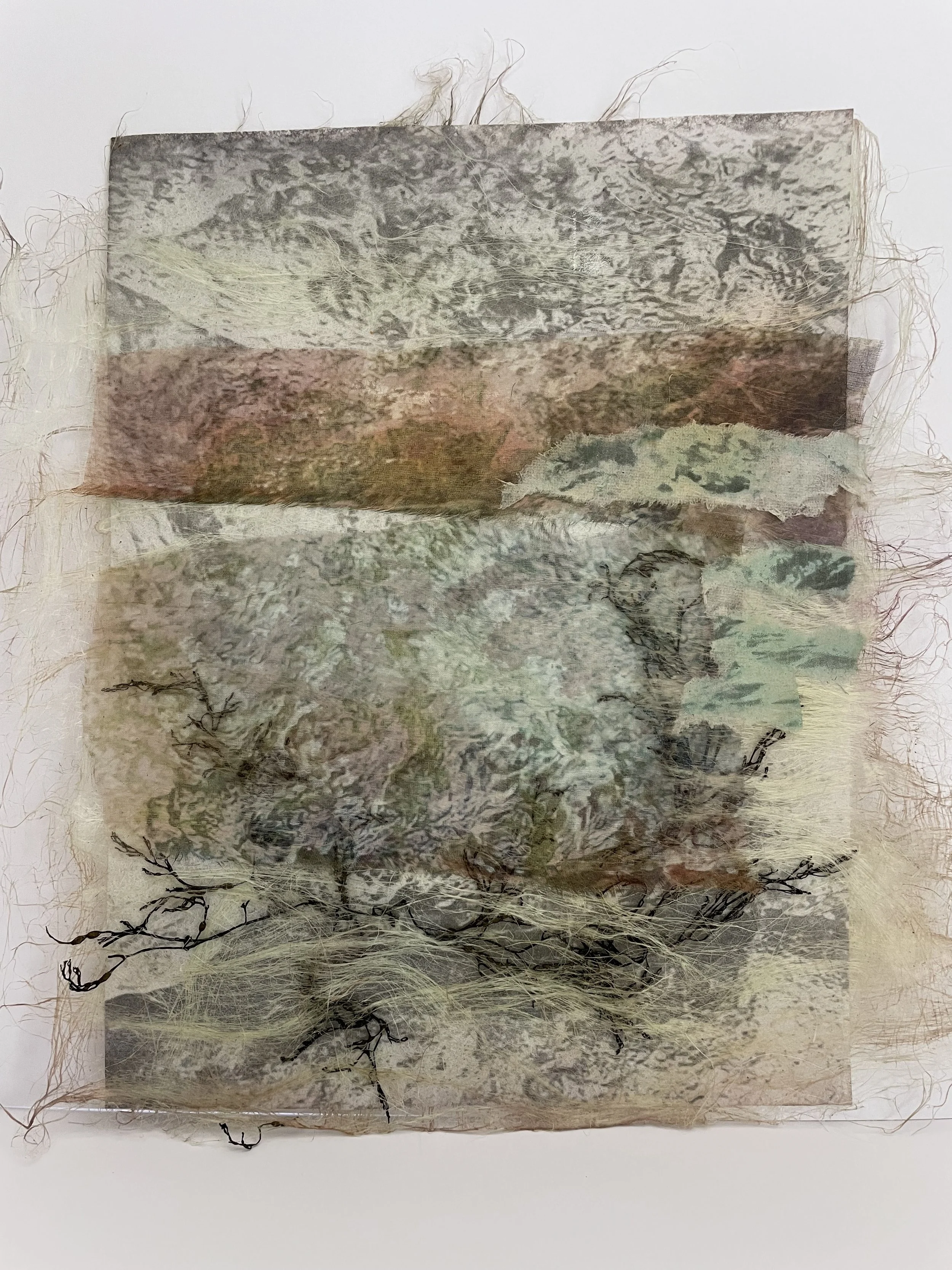 FRAGMENTED MEMORY Mixed Media with flax roving 10”W X 12”H