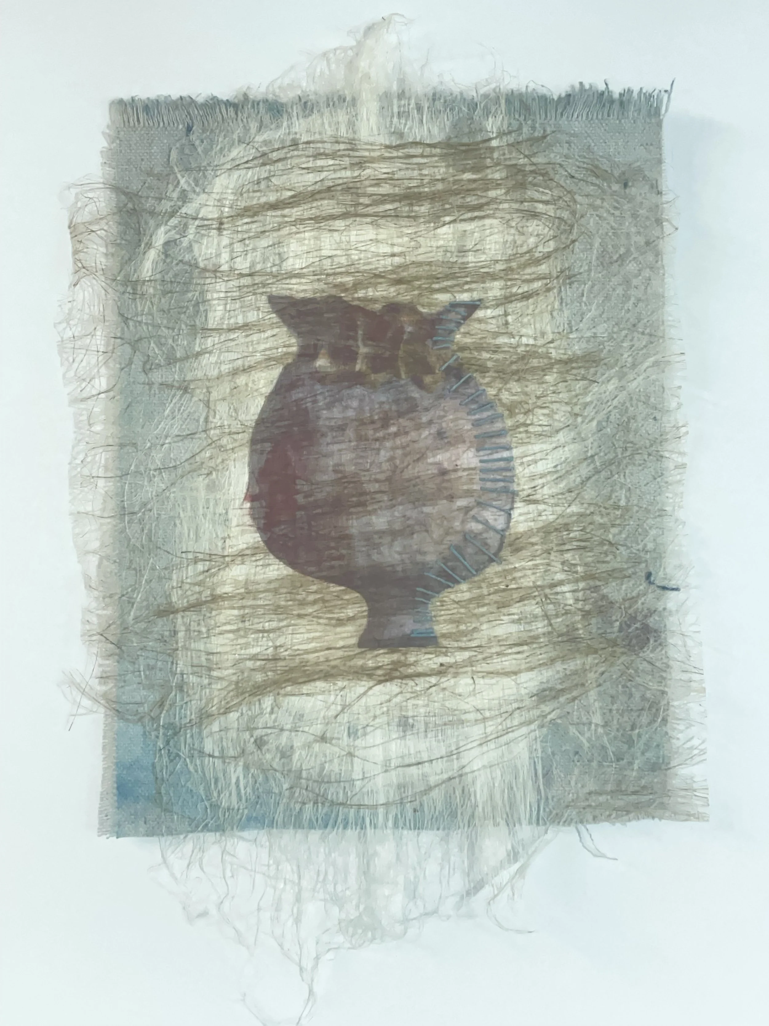 FLAX SEED ON SOY PAINT Flax, silk, thread, botanical dyed canvas 7” W X 11” H unframed 9” W X 14” H framed
