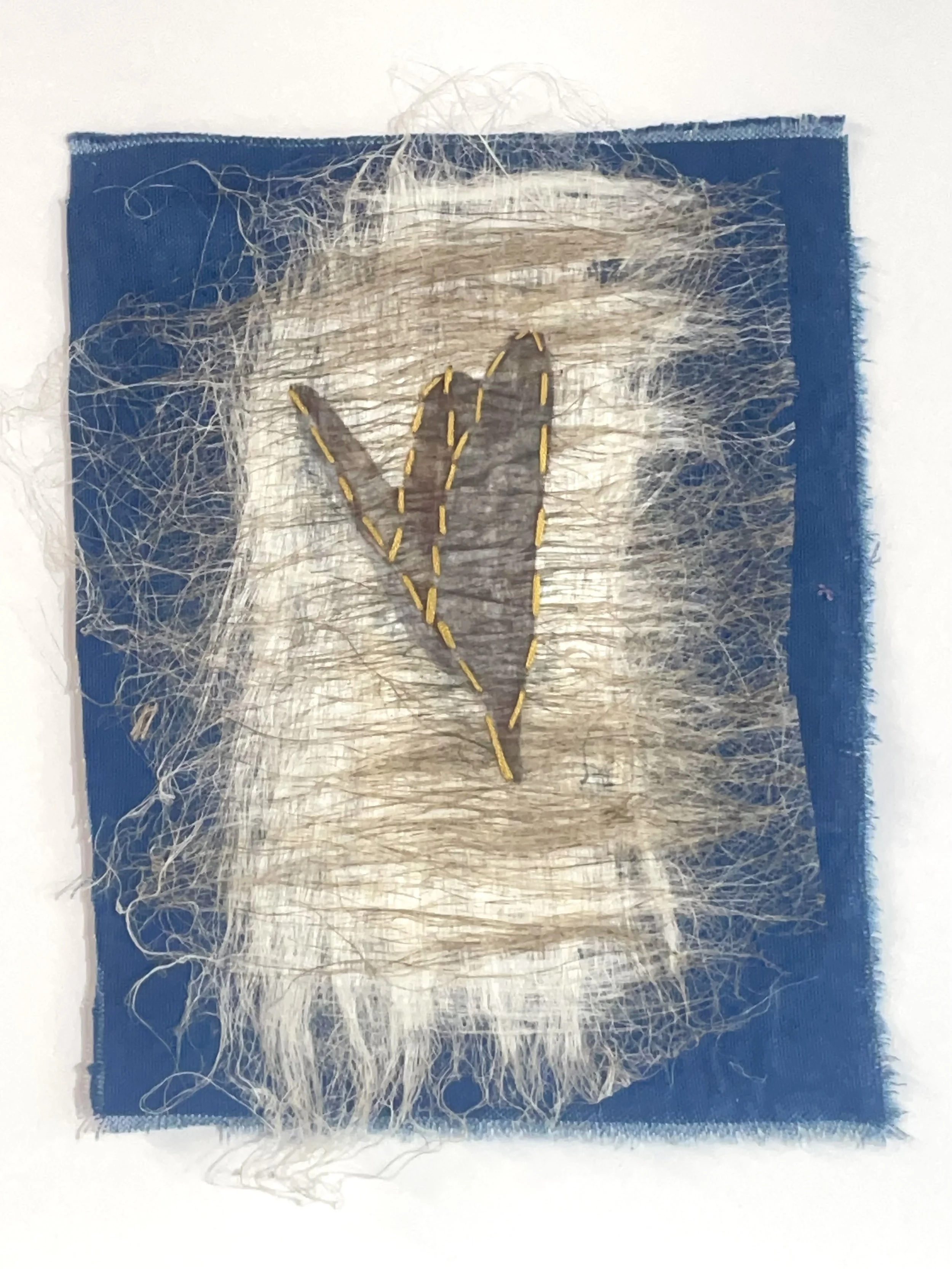FLAX SEED ON INDIGO Flax, silk, thread, botanical dyed canvas 7” W X 11” H unframed 9” W X 14” H framed