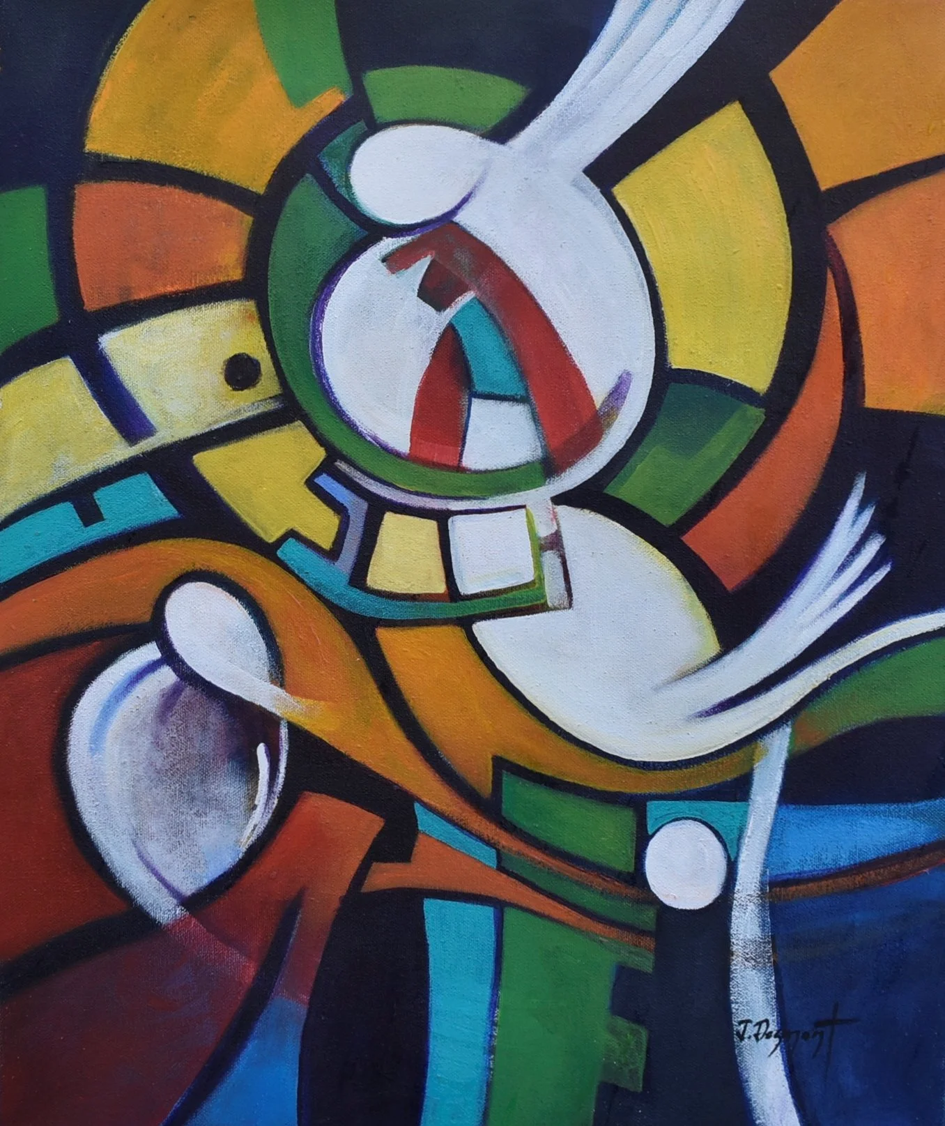 Abstract painting with geometric shapes and vibrant colors including green, yellow, orange, red, blue, and white.