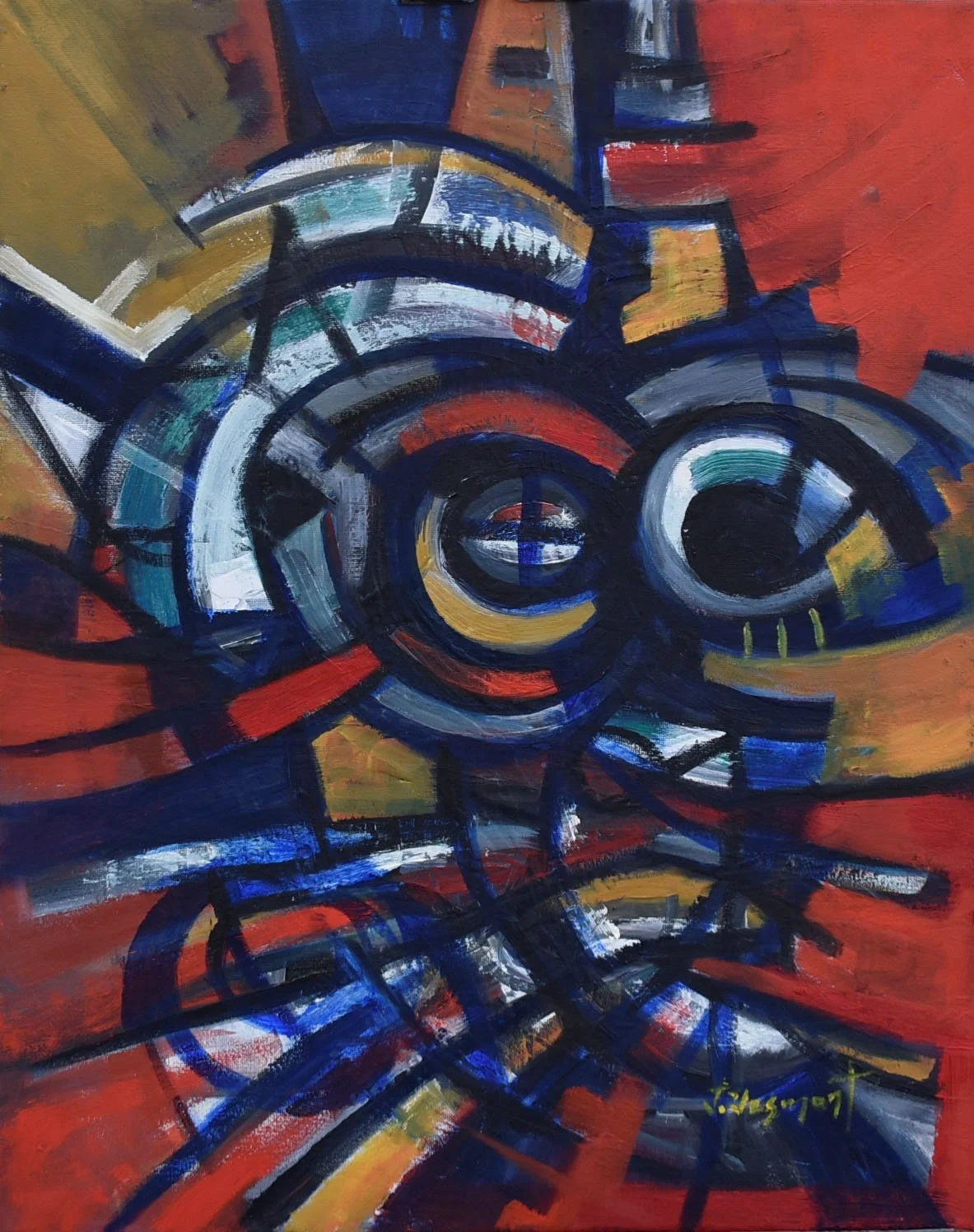 Abstract painting with concentric circles, straight and curved lines in colors including blue, red, white, yellow, and black on a red and green background. A Cat gazing in the background