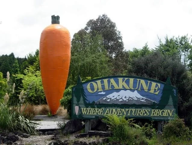 The giant orange Big Carrot landmark at Carrot Park in Ohakune, New Zealand