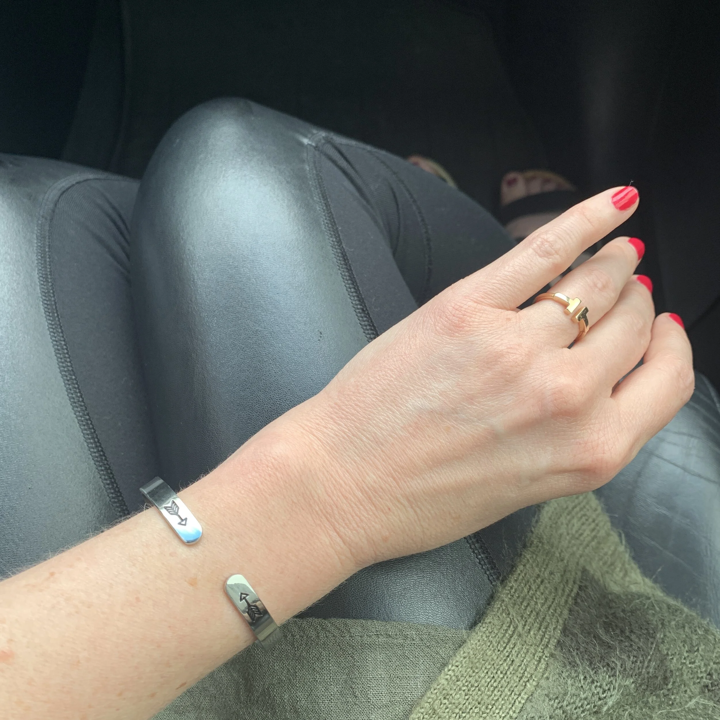 Driving to my first chemo infusion wearing my "Keep F'ing Going" bracelet my friends gave me. 
