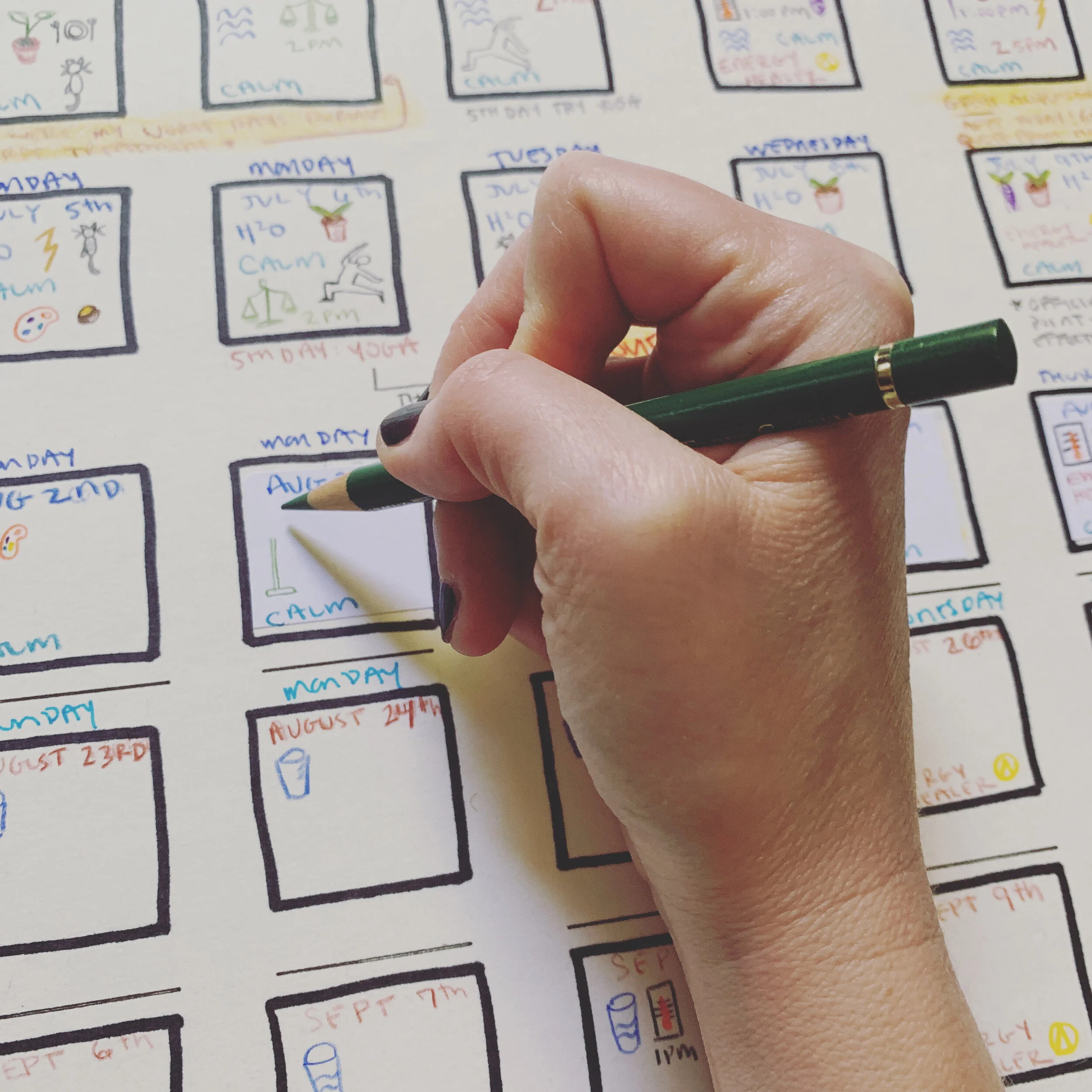 Day to day filling in my icons during chemotherapy treatments. Notice my dark nail polish! Check out the recommended products page for why that was key during chemo! 