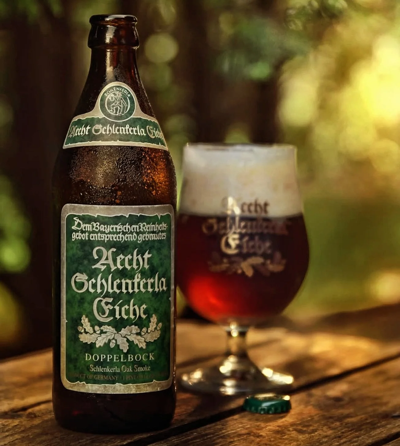 @schlenkerla1405 
SCHLENKERLA EICHE DOPPELBOCK - Eiche means Oak. 
A Smoked Double Bock featuring Oak kilned malt.
A super photogenic sexy beast!
Following century old recipes all malts made at the Schlenkerla brewery are dried by wood fire. While