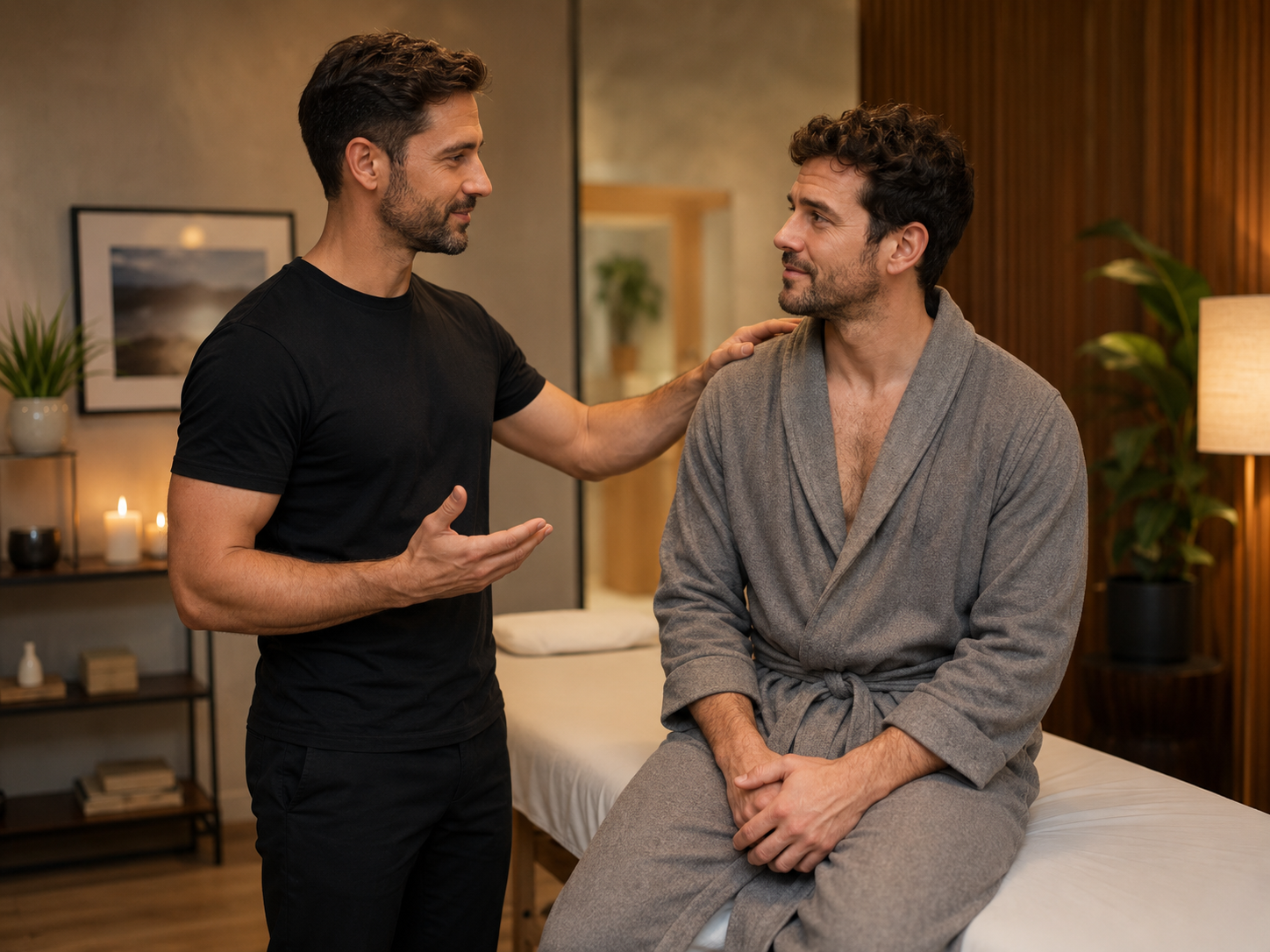 A masseur reassuring a first-time client about a massage