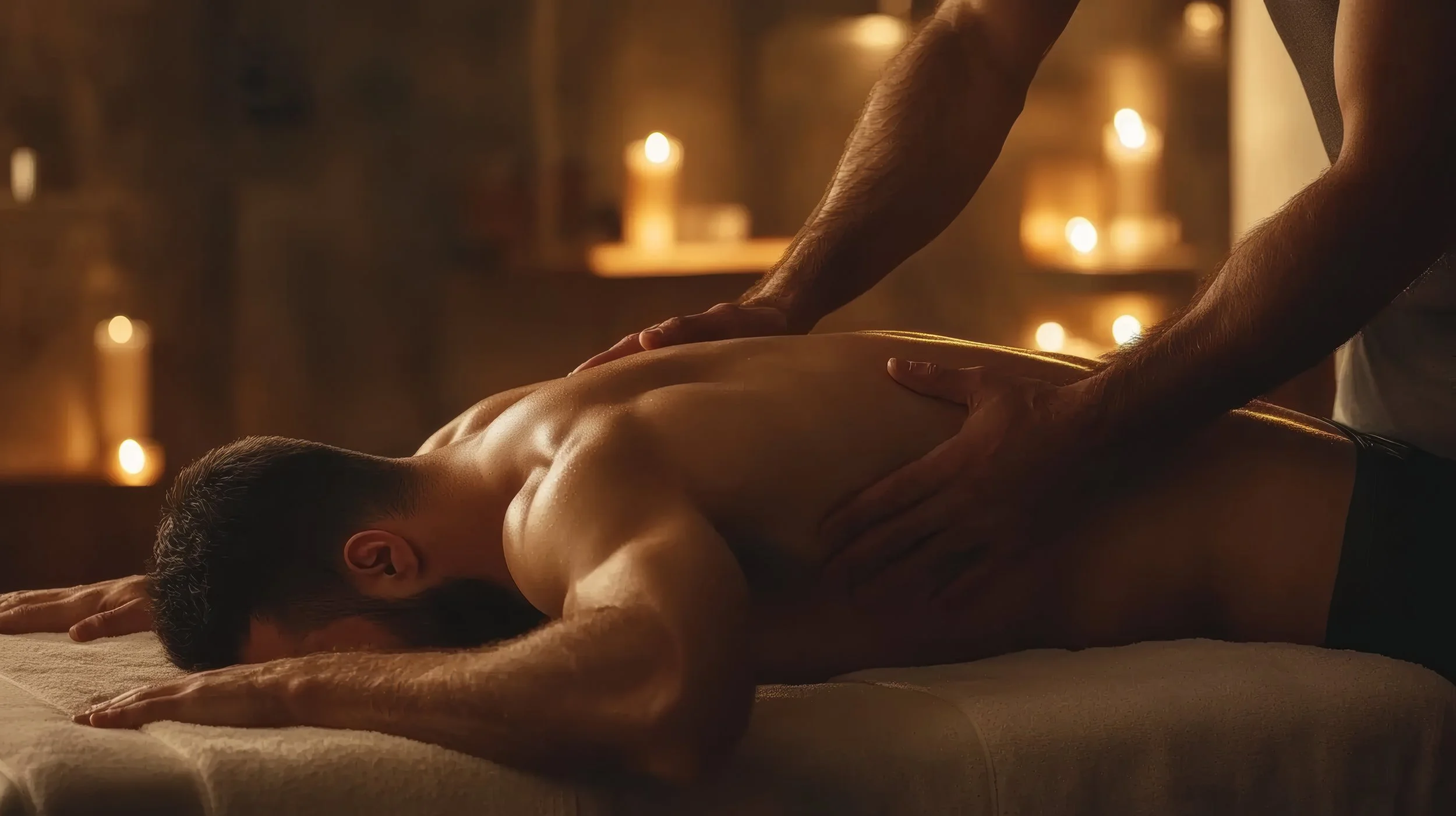 Man lying on his back with hands positioned behind him during a relaxing massage session