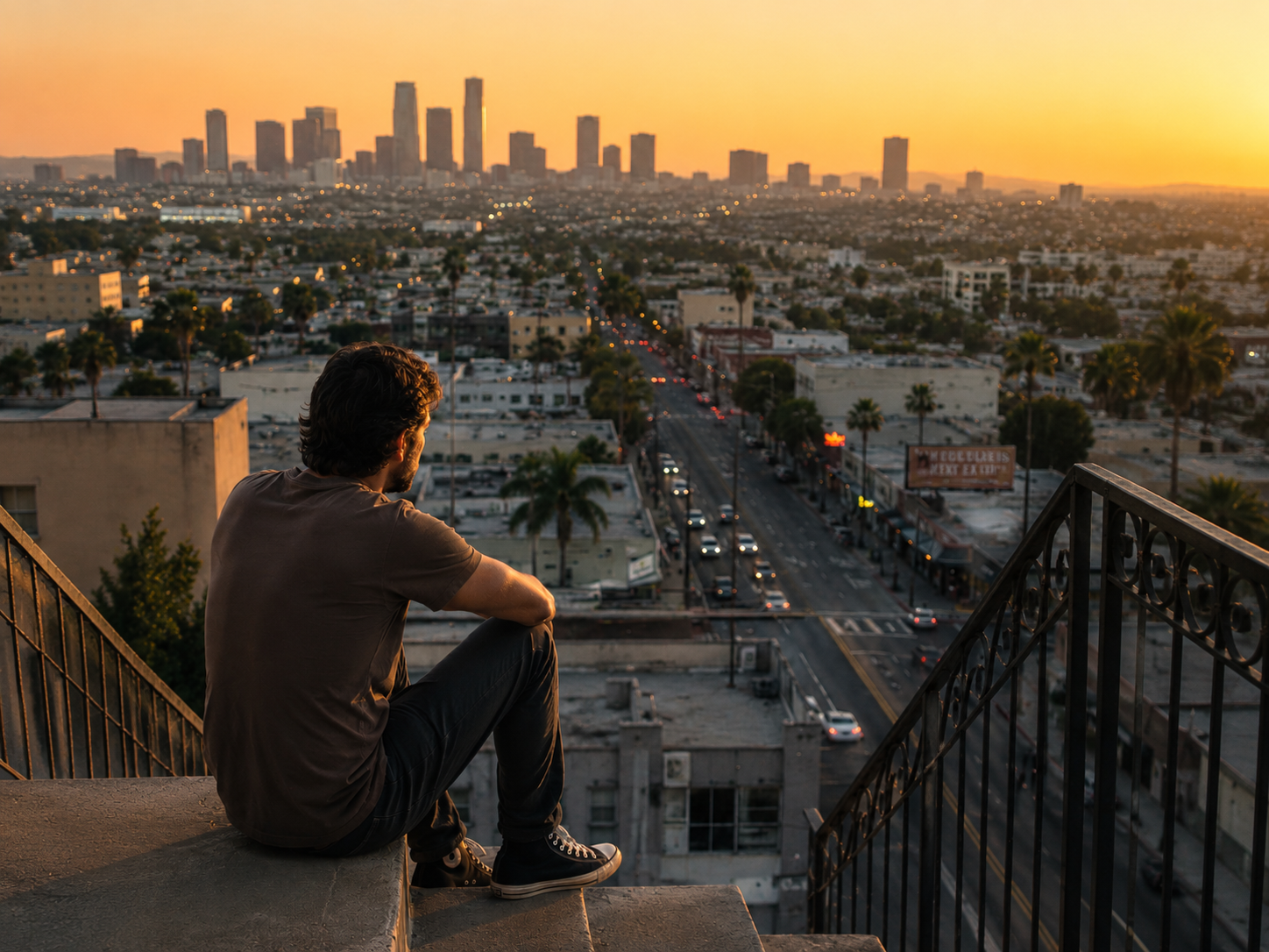 A man sitting on the stairs looking over the city of Los Angeles