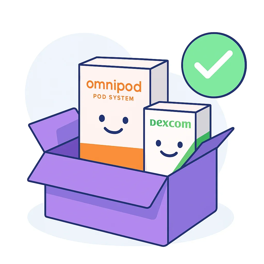 Cartoon illustration of Omnipod and Dexcom G7 diabetic supplies in a purple box with a green checkmark showing acceptable product condition.