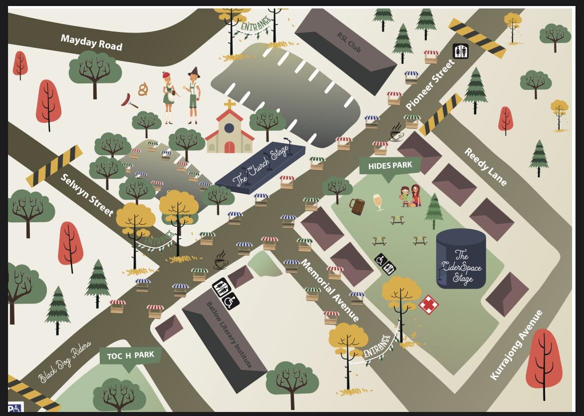 1 more sleep!

Check out our site map for tomorrow - we&rsquo;ve got three entrances:
- Selwyn Street
- Memorial Avenue
- Mayday Road (next to the Batlow RSL)

Gates open at 10am and we finish up at 4:30pm.

Accessible parking is available on Pioneer