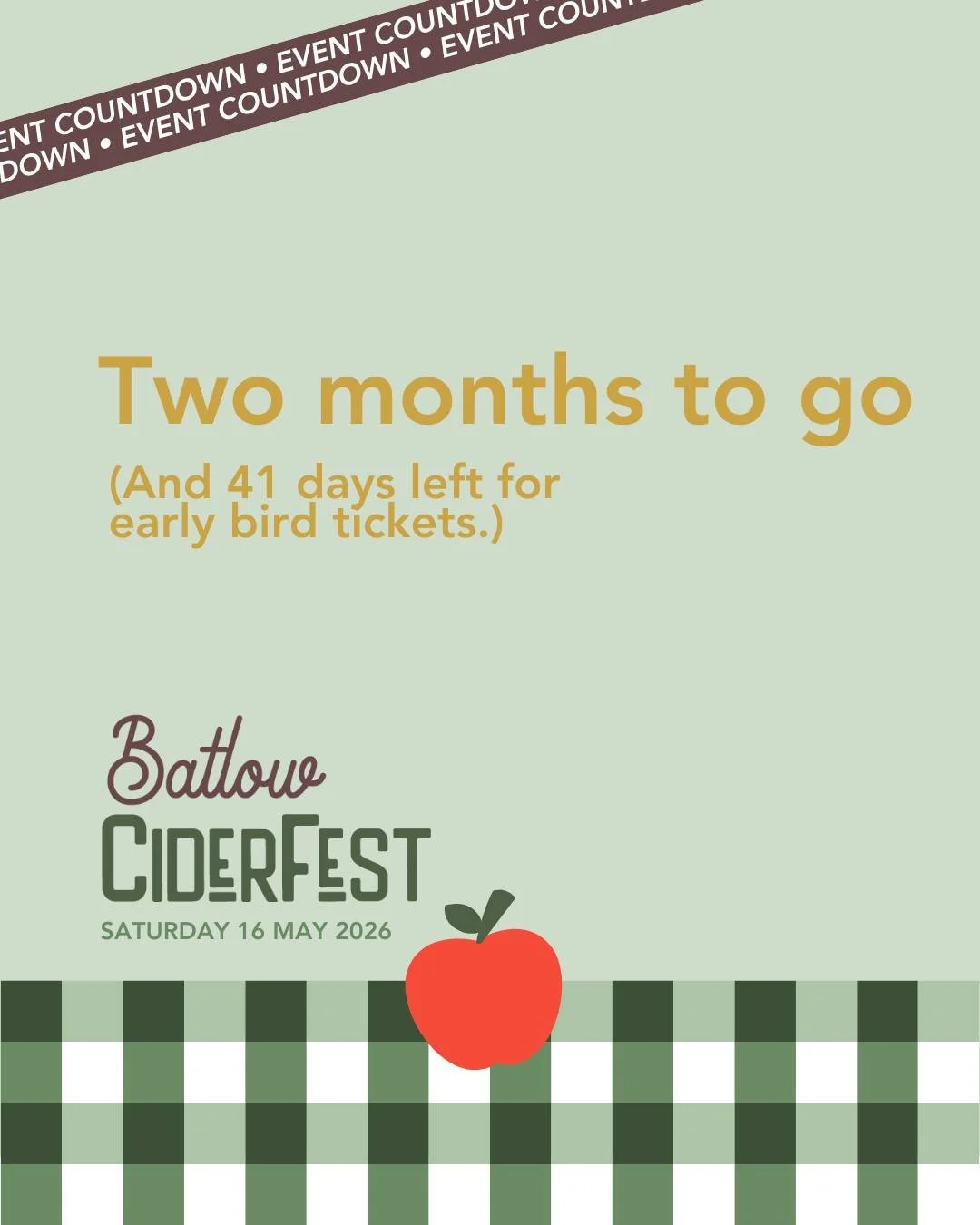 🍎 2 months to go until Batlow CiderFest!

In just two months Batlow will come alive with incredible cider, live music, delicious regional food and the unmistakable buzz of festival day in apple country.

With a fantastic lineup of cider producers an