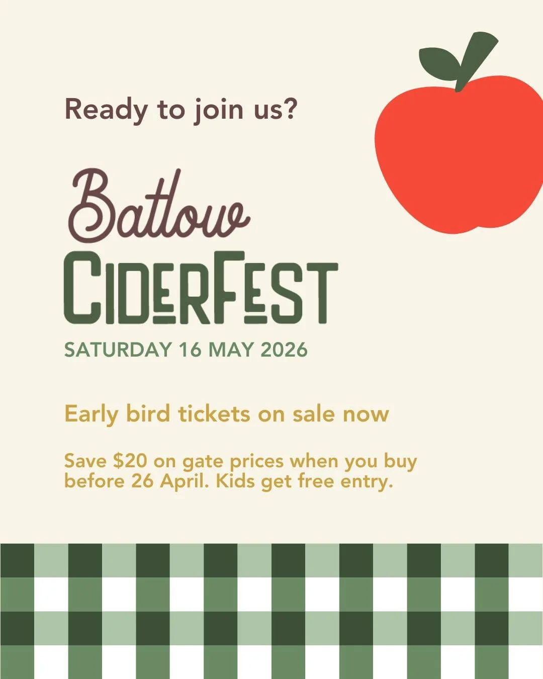 🚨 FINAL WEEK FOR EARLY BIRD TICKETS 🚨

Just a heads up, cider lovers &ndash; early bird tickets for Batlow CiderFest 2026 wrap up next Sunday, 26 April! 🍏🍻

If you've been thinking about coming along, now's the time to lock it in and save💸

Afte