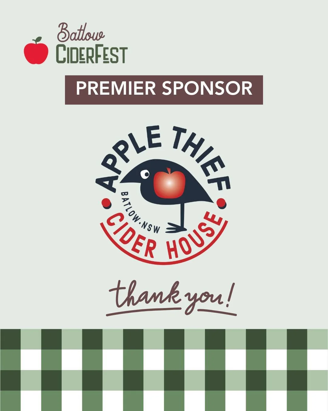 🍎 A perfect match &ndash; @theapplethiefciders! 

We&rsquo;re thrilled to have The Apple Thief as a Premier Sponsor of Batlow CiderFest 🍏

Crafting crisp, refreshing cider from Aussie apples, they embody everything this festival celebrates.

Be sur
