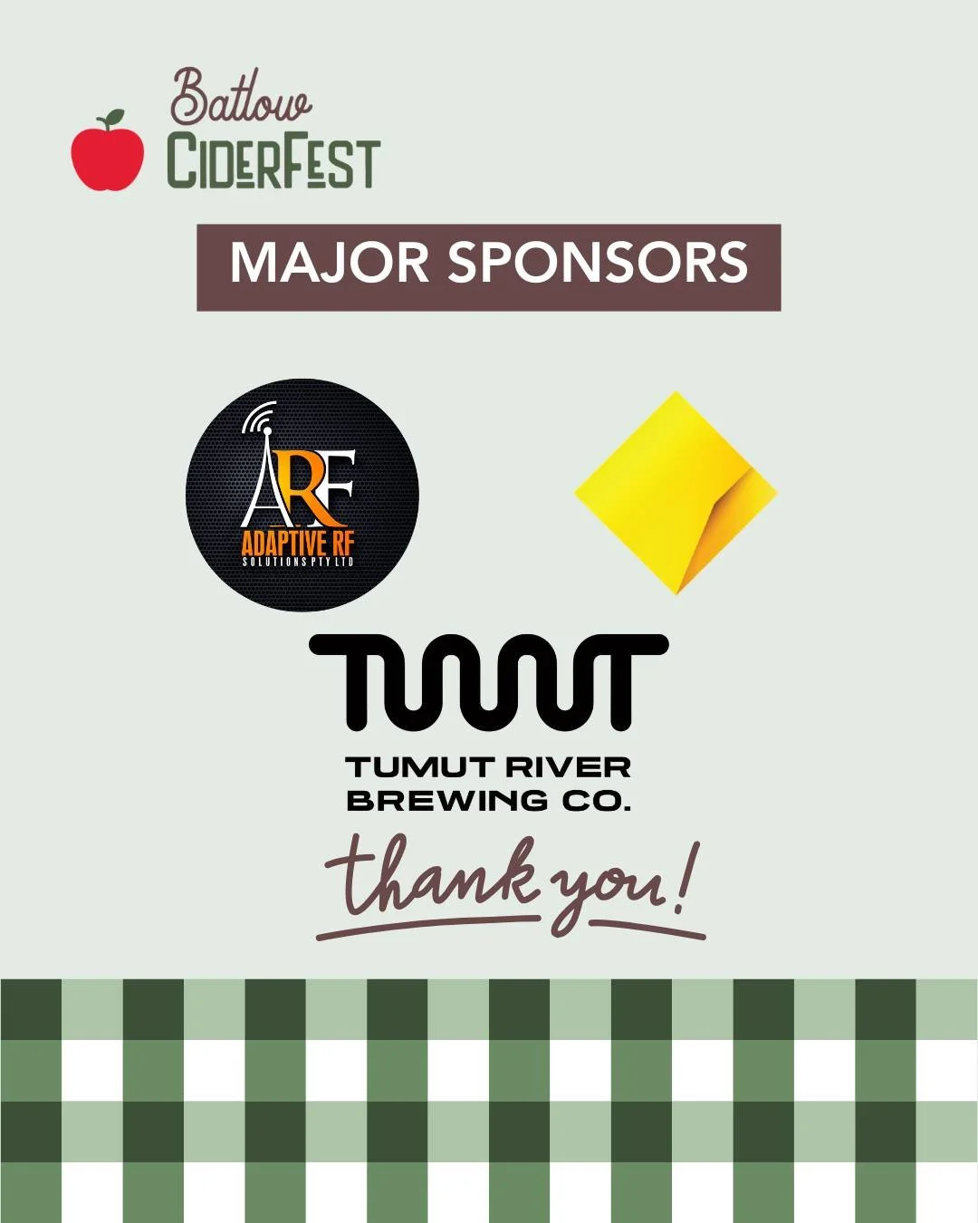 🙌 Cheers to our Major Sponsors!

A big round of applause for our amazing Batlow CiderFest 2026 Major Sponsors:
Commonwealth Bank Batlow
@adaptive_rf_solutions 
@tumutriverbrewingco 

Their support helps us deliver a vibrant, welcoming festival exper