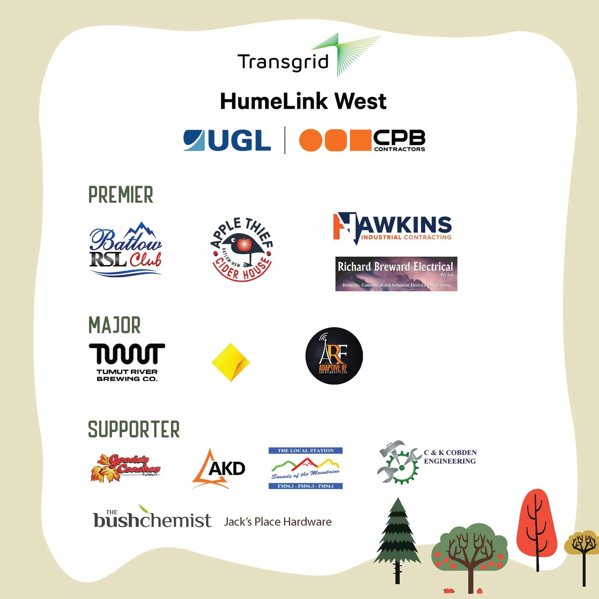 🍎 THANK YOU TO OUR INCREDIBLE SPONSORS 🍎

Batlow CiderFest simply wouldn&rsquo;t be possible without the generous support of our sponsors, partners and supporters.

Your contribution helps us bring thousands of visitors to Batlow each year, support
