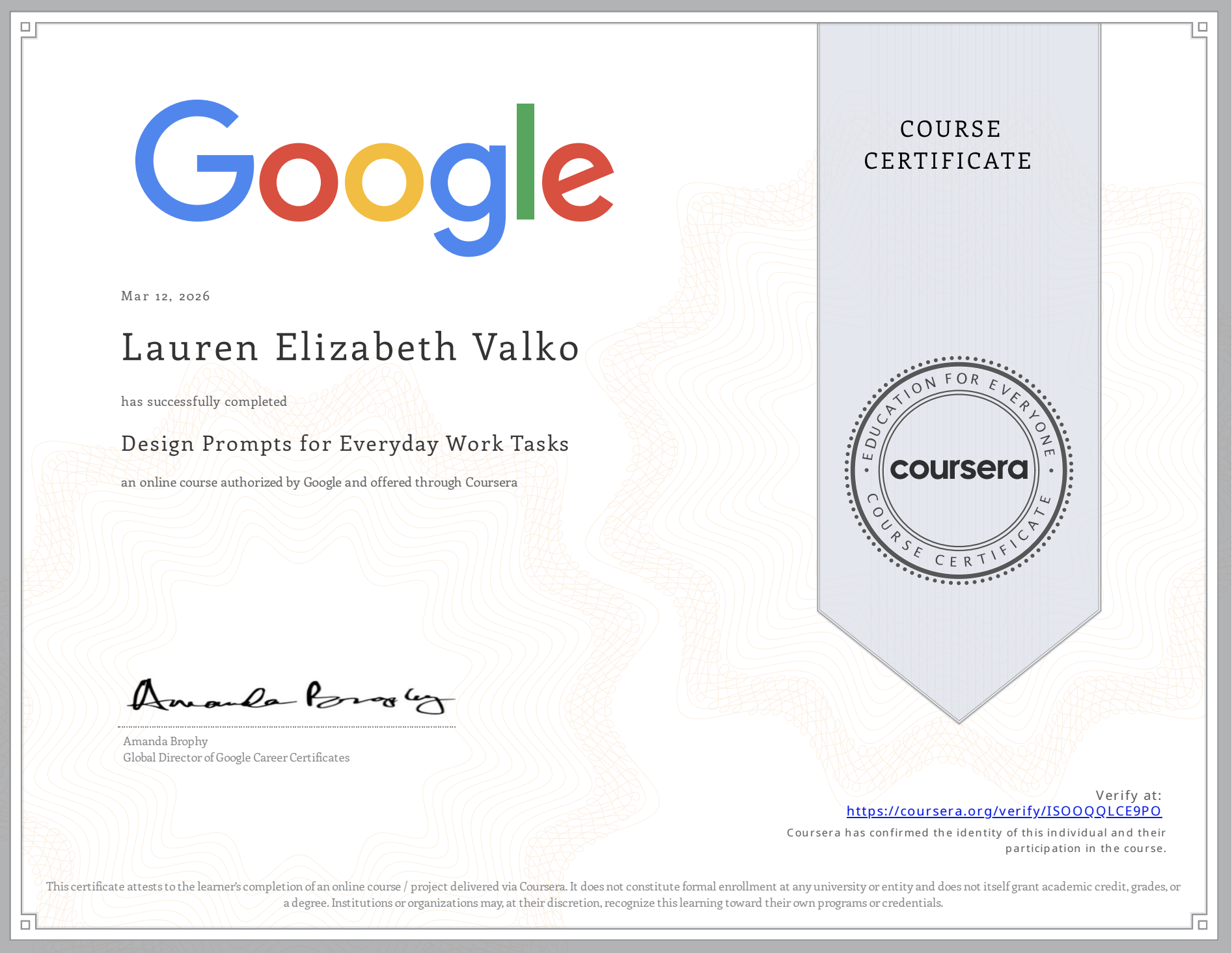 Google Design Prompts for Everyday Work Tasks certification badge