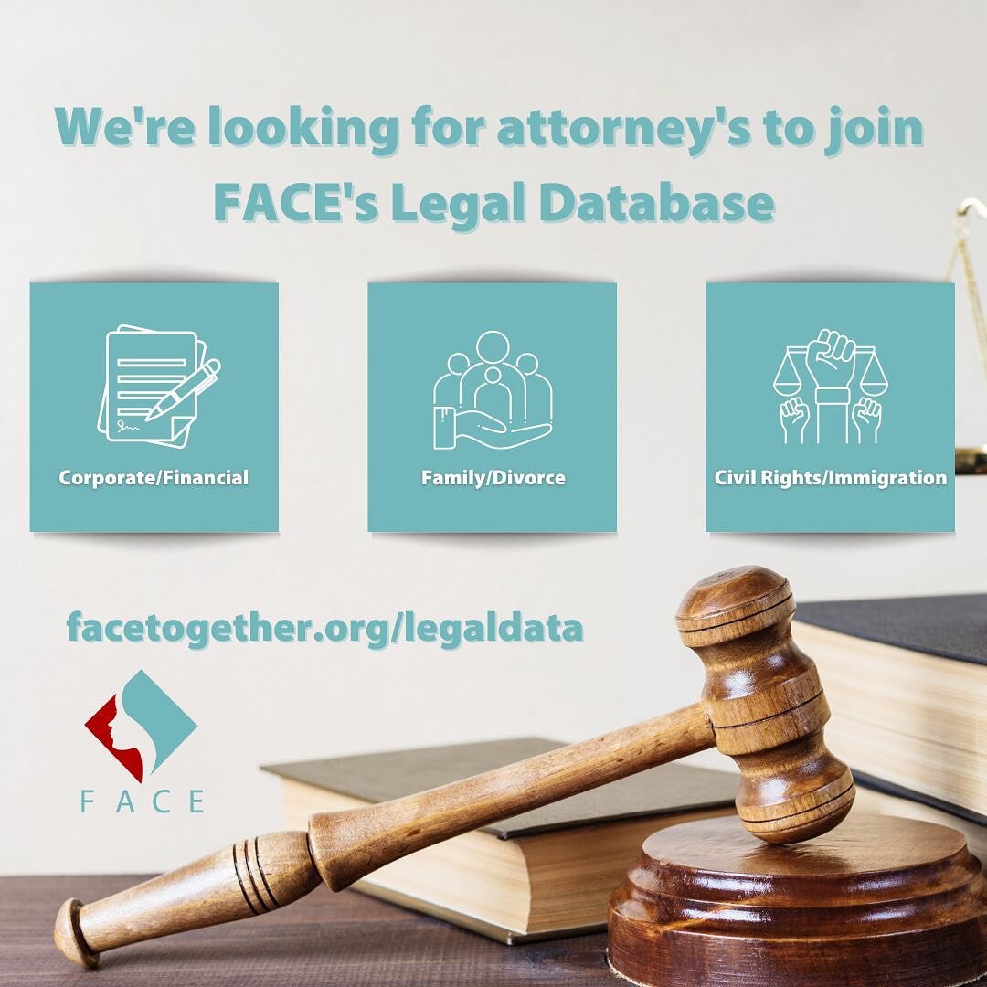 FACE is starting a legal database to help our survivors and their families.  If you or anyone you know is an attorney in North America (Canada and the US) practicing law from Civil Rights to Immigration and more. Please tap the link in our bio and fi