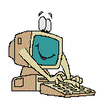 Cartoon computer with arms and eyes typing on a keyboard.