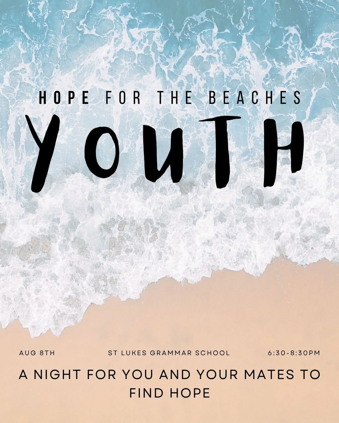 THIS FRIDAY 🙌🙌
We&rsquo;re joining the youth groups of the Beaches for a big night of hope. Invite a mate!
Drop off and pick up at St Luke&rsquo;s Grammar.