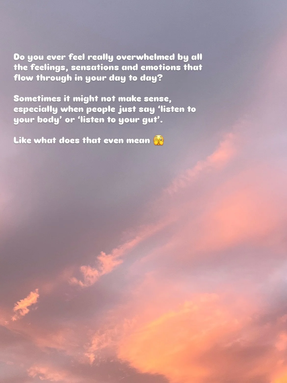 Do you get overwhelmed by your bodily sensations, emotions, feelings? 🙃

It can feel so heavy and exhausting sometimes with carrying the weight of these sensations, stress and tension in our body. 

We store these emotions in our body, and Somatics 