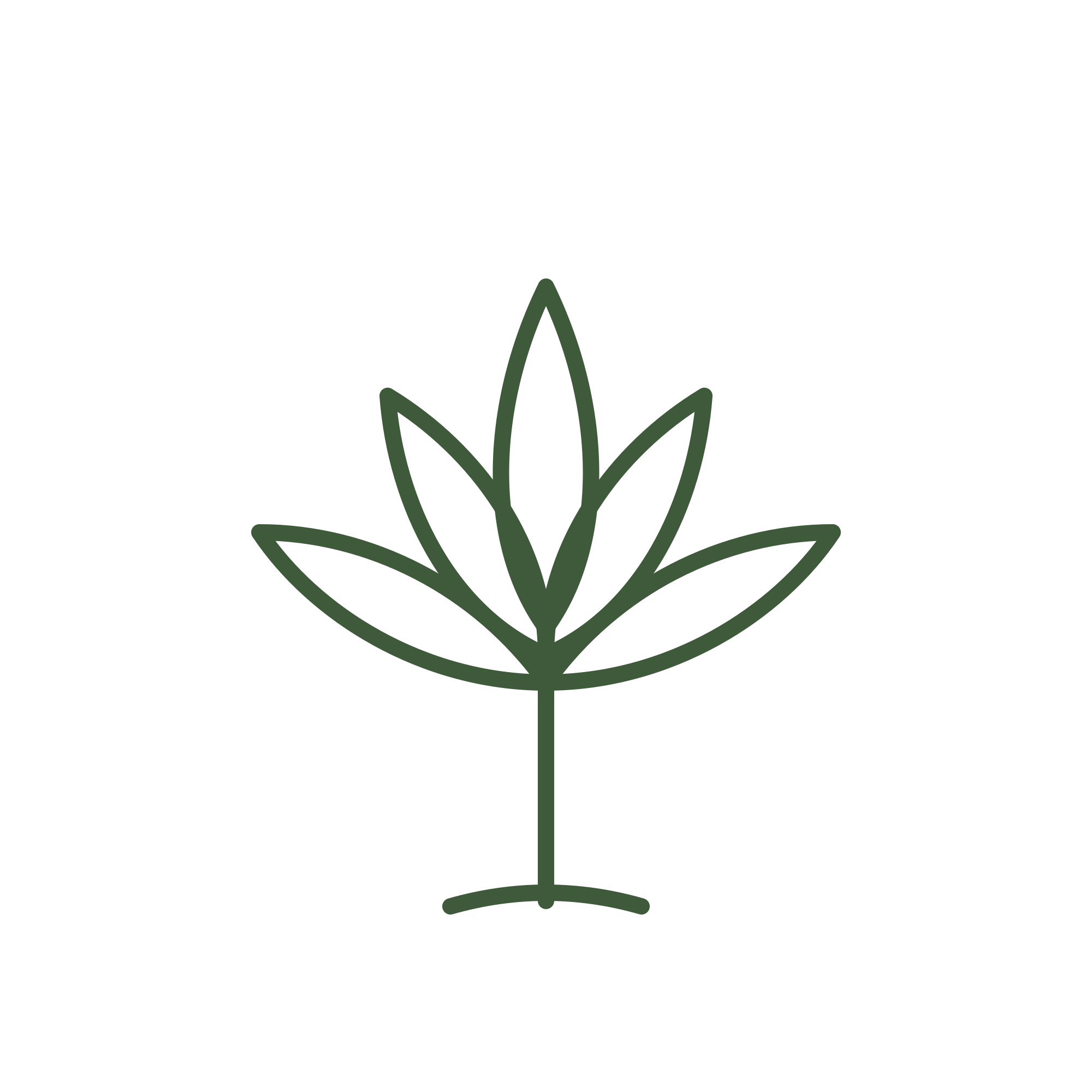 En minimalistisk illustrasjon av en plante med grønne blader i en blomsterpotte, tegnet med en enkel, svart strek på svart bakgrunn.