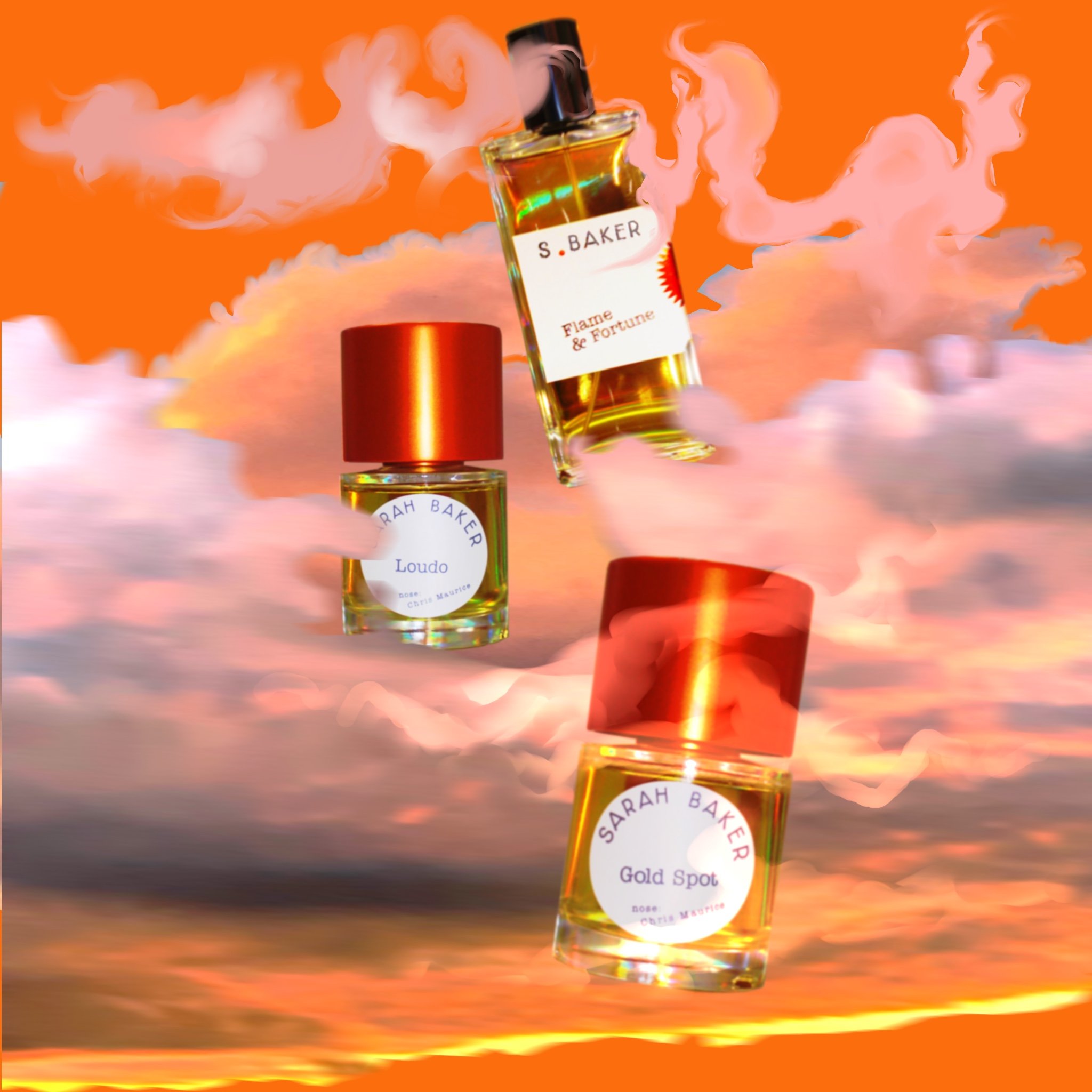 Fragrances: Flame & Fortune, Loudo and Gold Spot, Image is created in Procreate and is collage of skies photographed by me