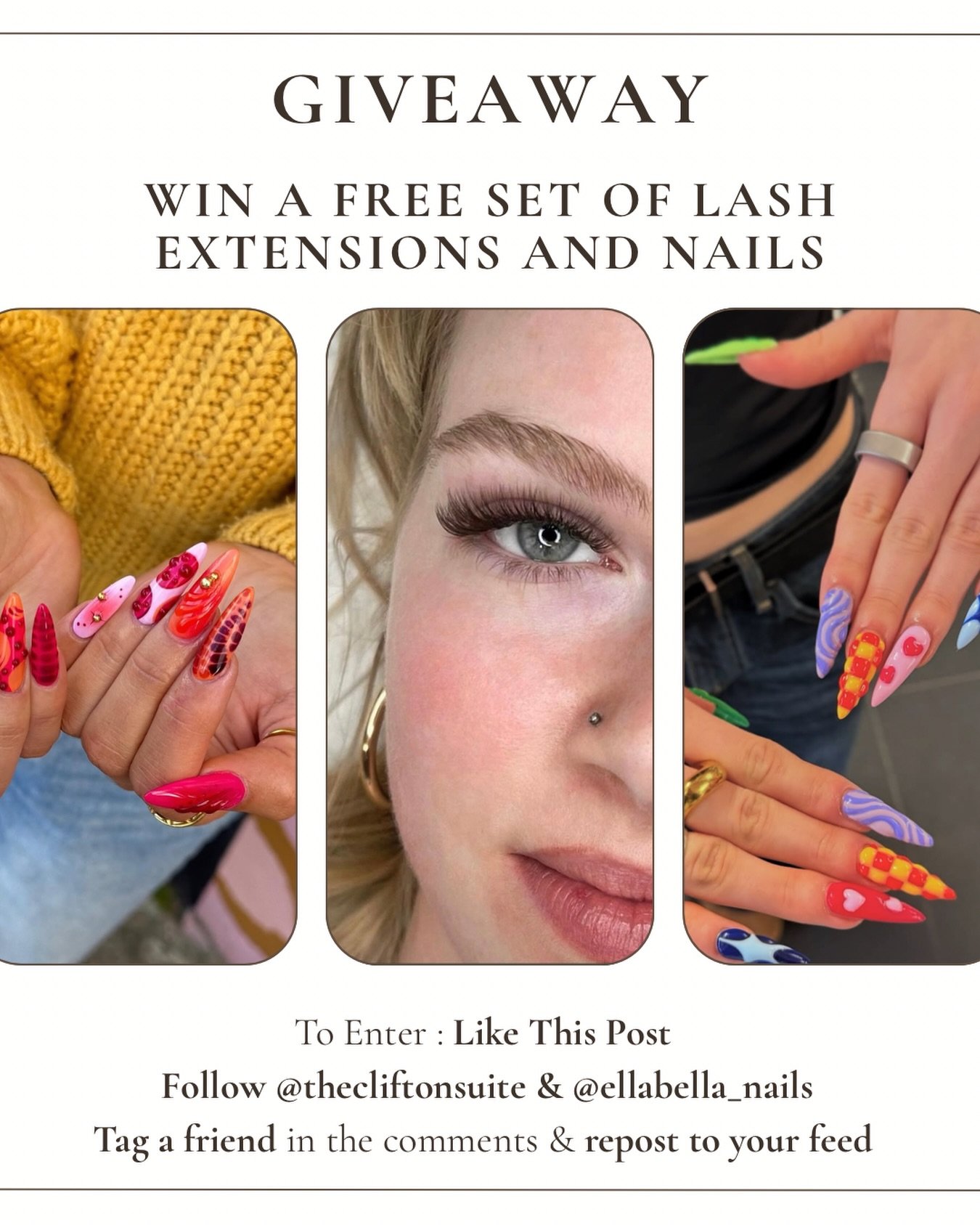 We&rsquo;ve teamed up to give one of you the ultimate glow-up&hellip;
A full set of lash extensions at @thecliftonsuite and bespoke statement nail set at @ellabella_nails 💅🏽

To enter:

Follow @thecliftonsuite
Follow @ellabella_nails

Like this pos