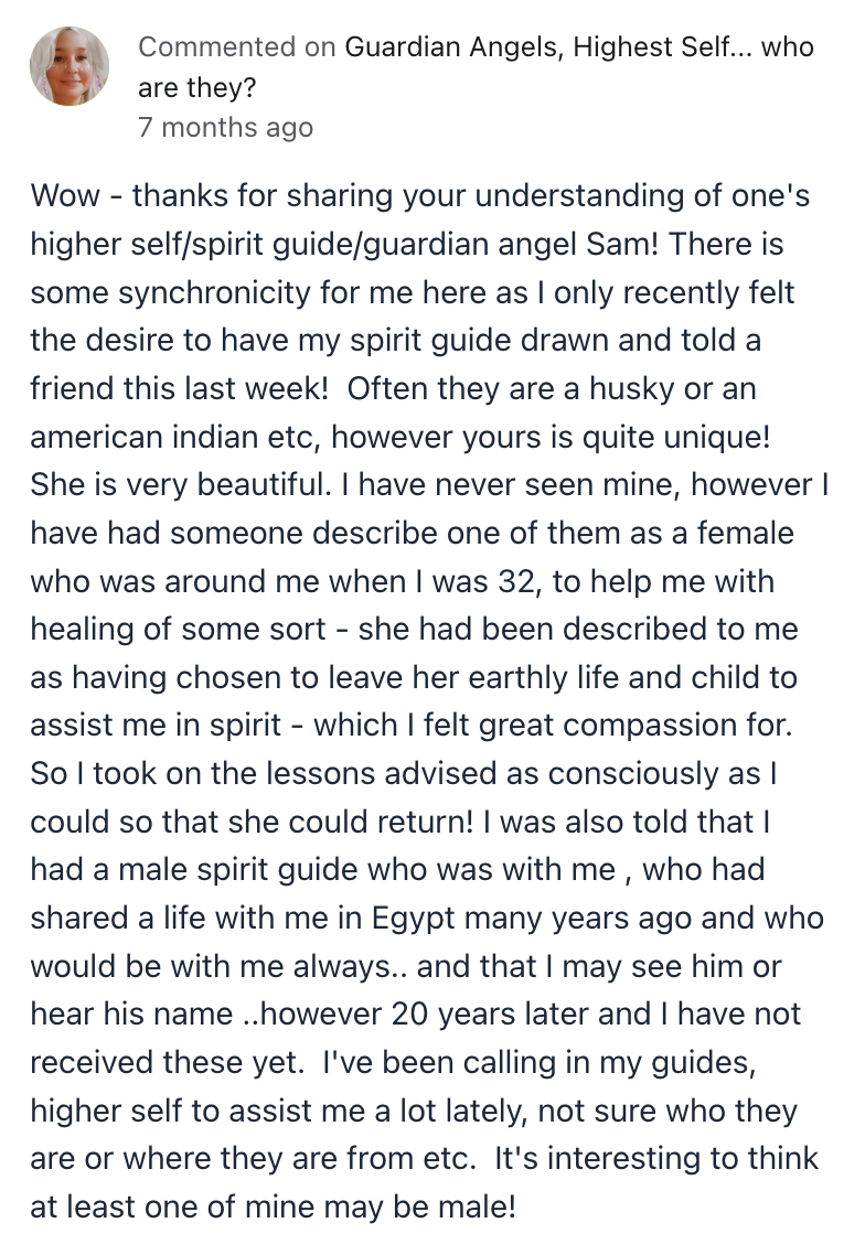 Screenshot of a social media comment discussing guardian angels and spirit guides, mentioning experiences with female and male guides, and describing personal spiritual insights.