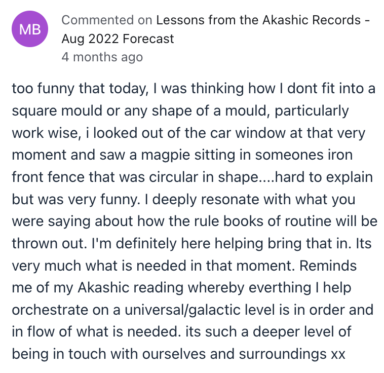 Screenshot of a social media comment about lessons from the Akashic records, mentioning a magpie sitting in a car window and reflecting on routine and connection.