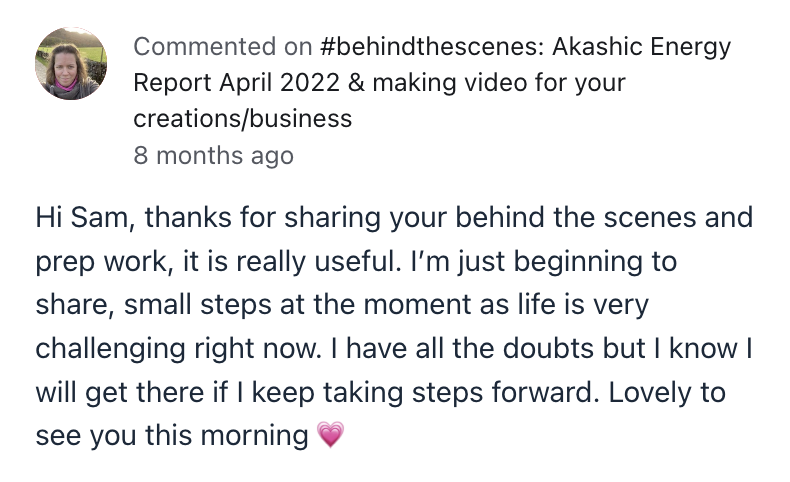 Screenshot of a social media comment praising Sam for sharing behind-the-scenes work, expressing gratitude and encouragement.