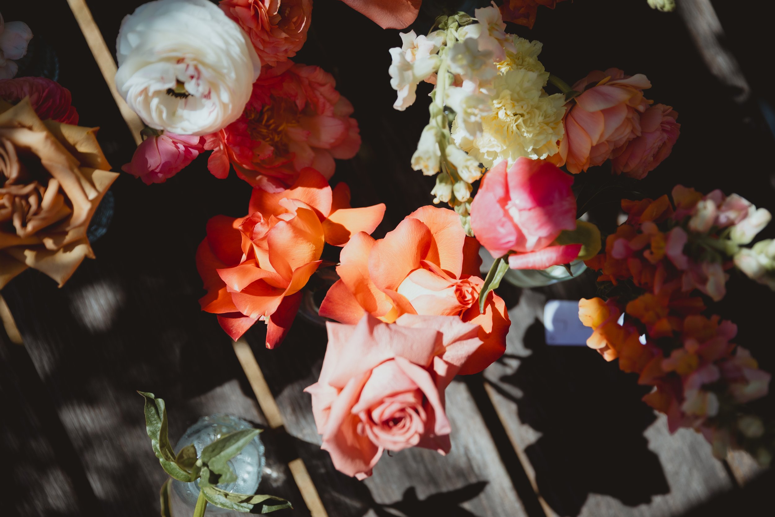 Editorial high contrast colourful bouquet arrangements vibrant strong light shadows bohemian Chaucer Barn Holt Gresham Norfolk 